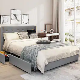 Gymax - Full Upholstered Bed Frame with 4 Storage Drawers Headboard - Silver