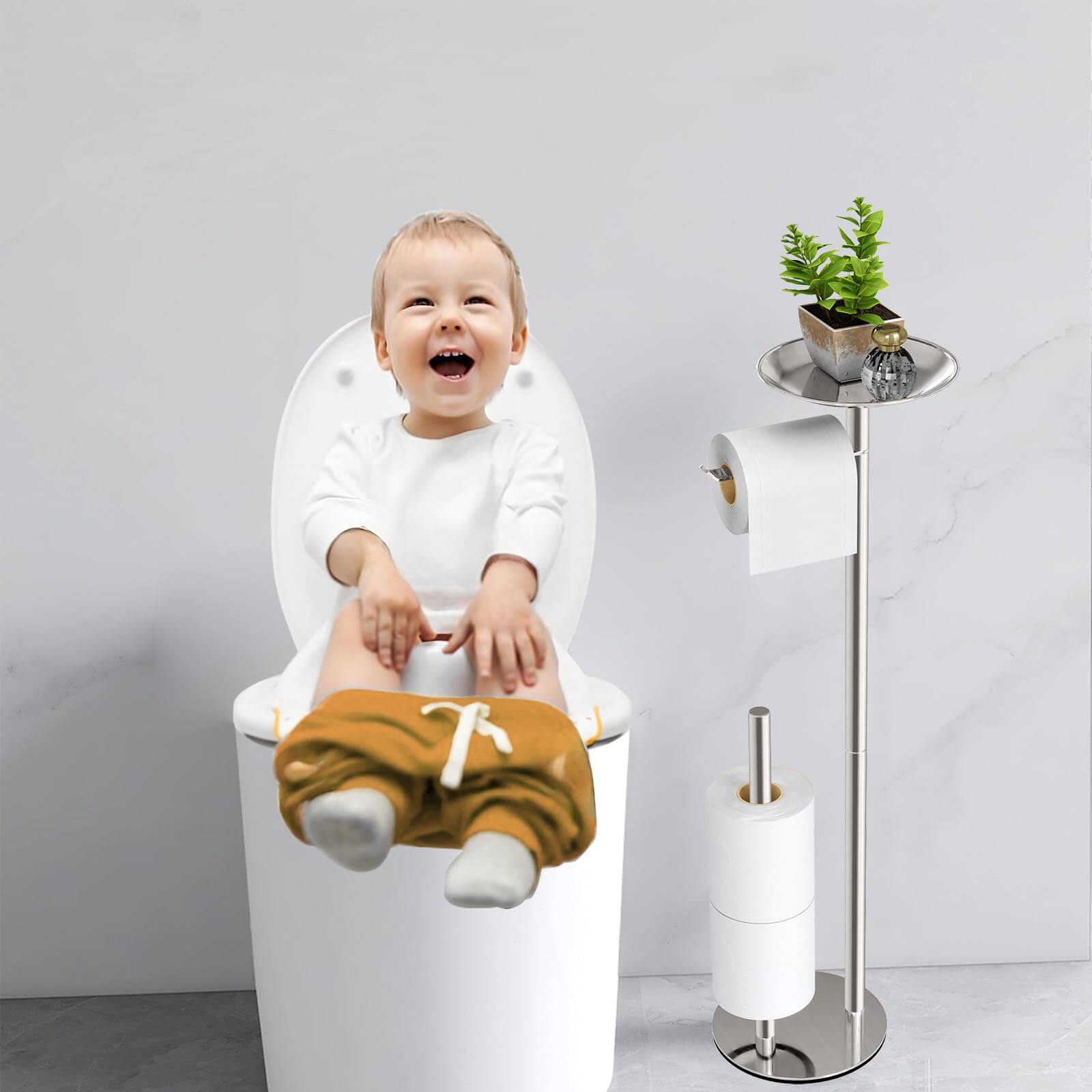 Alt View 1. Dazzed Corner - Freestanding Toilet Paper Holder with Phone Shelf and Heavy Metal Base - Brush Nickel.