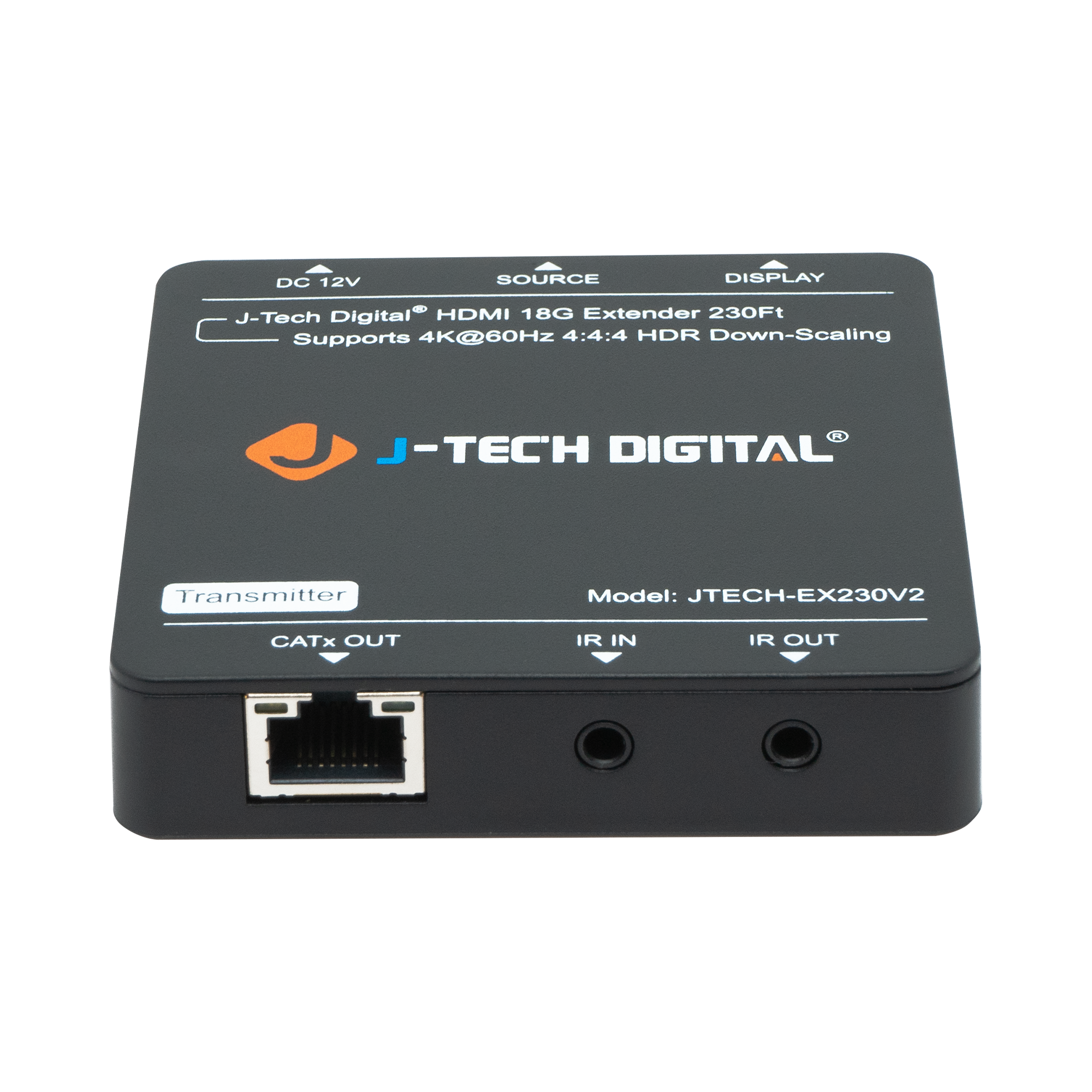 DC 12V SOURCE DISPLAY J-Tech Digital HDMI 18G Extender 230Ft Supports 4K@60Hz 4:4:4 HDR Down-Scaling J-TECH DIGITAL Transmitter Model: JTECH-EX230V2 CATX OUT IR IN IR OUT