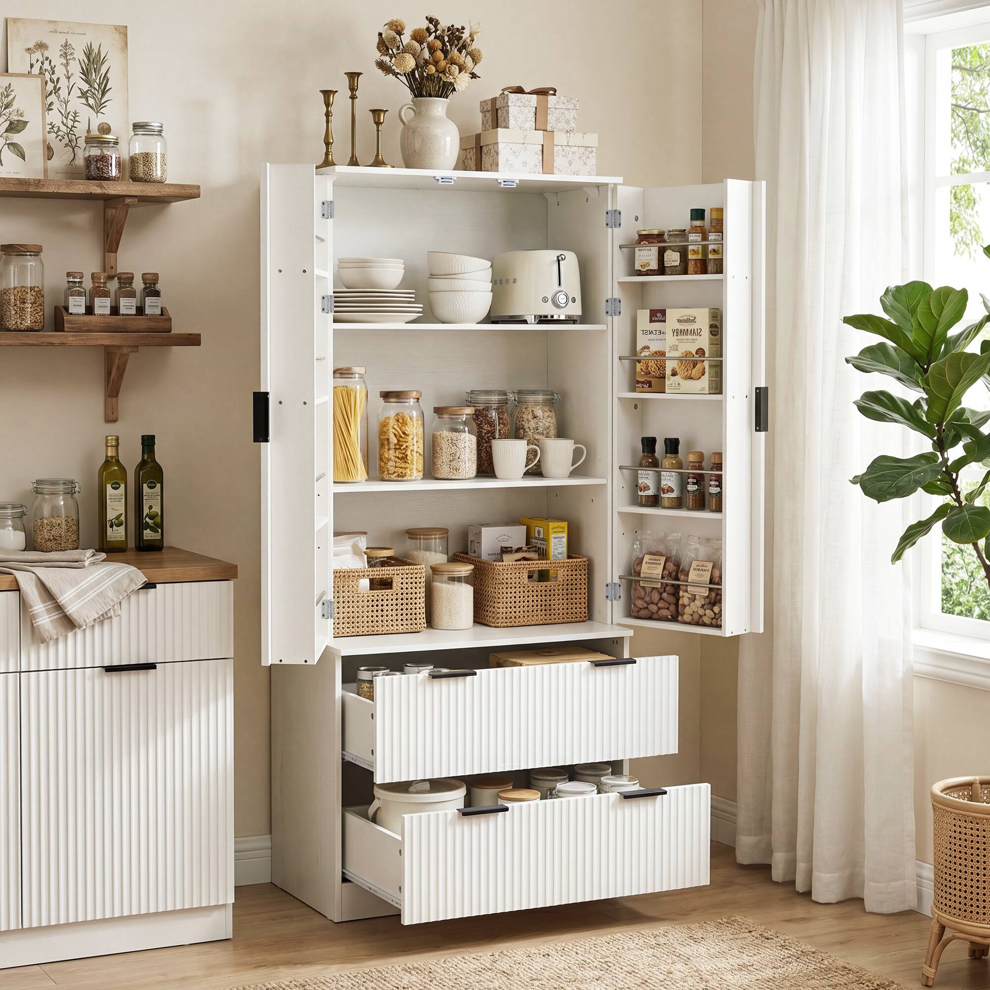 Angle. Loheer - Loheer Kitchen Pantry Cabinet, 72 Inch Modern Fluted White Storage Cabinet with Doors, Drawers and Spice Rack - White.