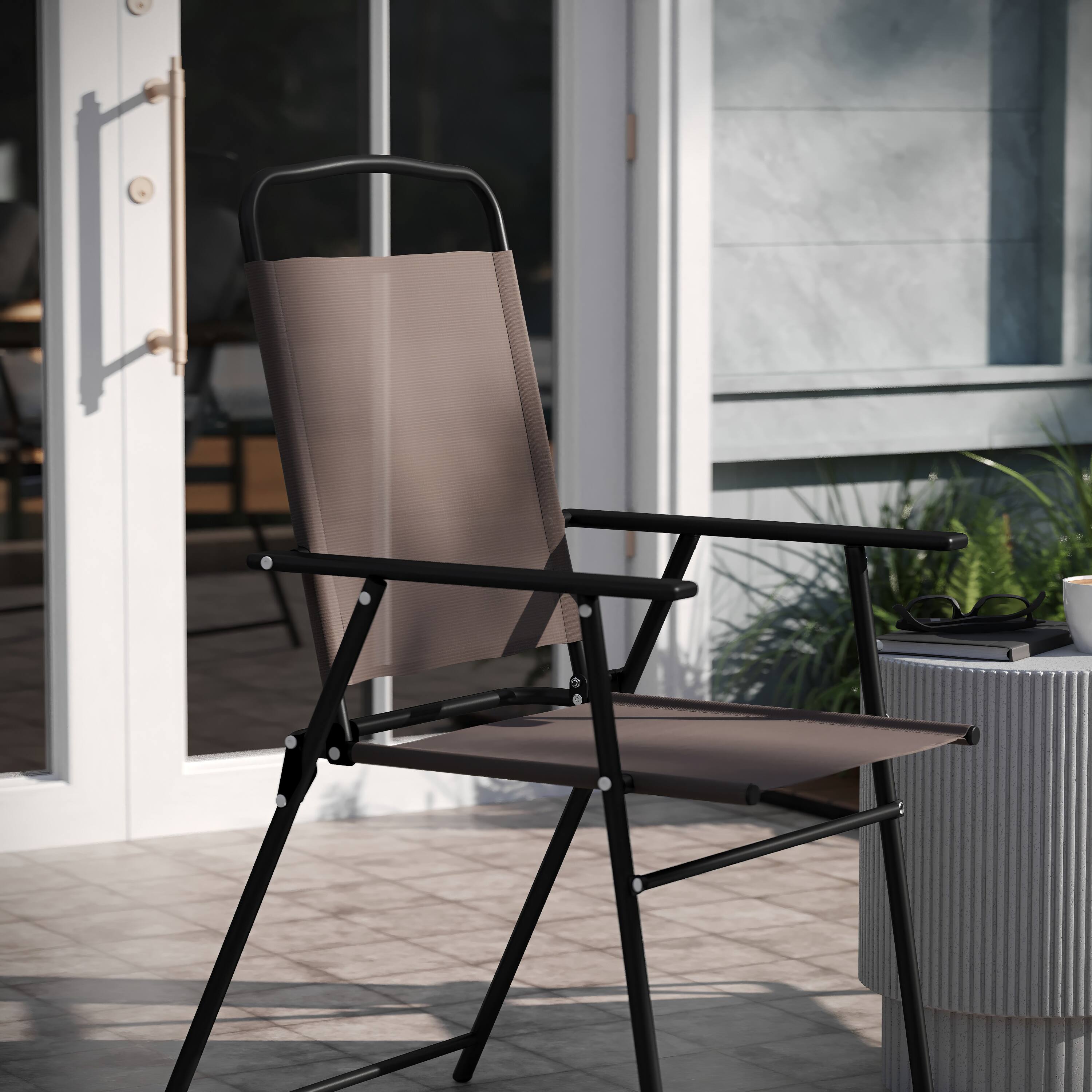 Alt View 5. Emma + Oliver - Munroe Set of 2 Textilene Folding Sling Style Patio Chairs with Armrests - Brown.
