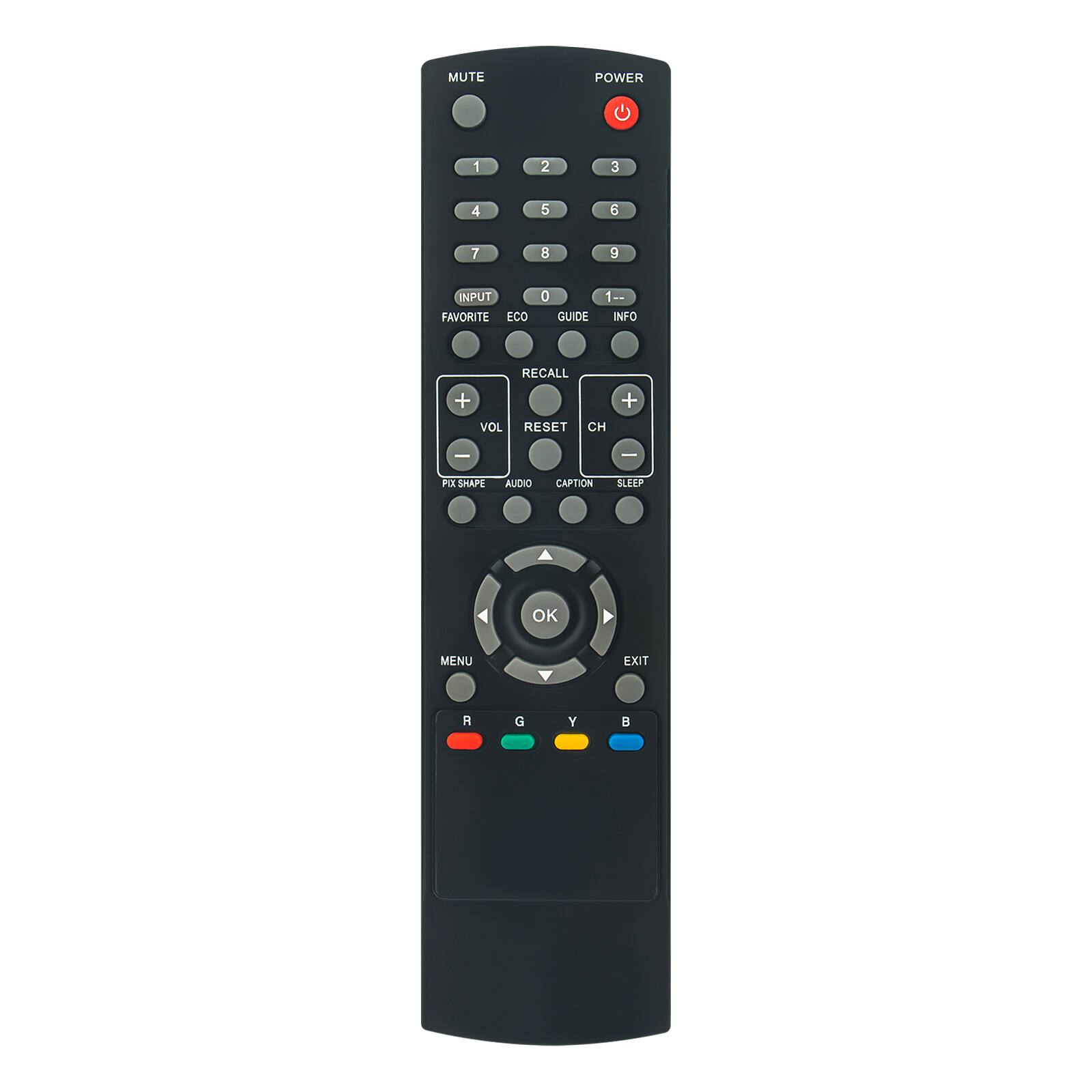 MUTE POWER 1 2 3 4 5 6 7 8 9 0 INPUT FAVORITE ECO GUIDE INFO RECALL VOL RESET CH CAPTION SLEEP AUDIO PIX SHAPE MENU EXIT OK R G Y B