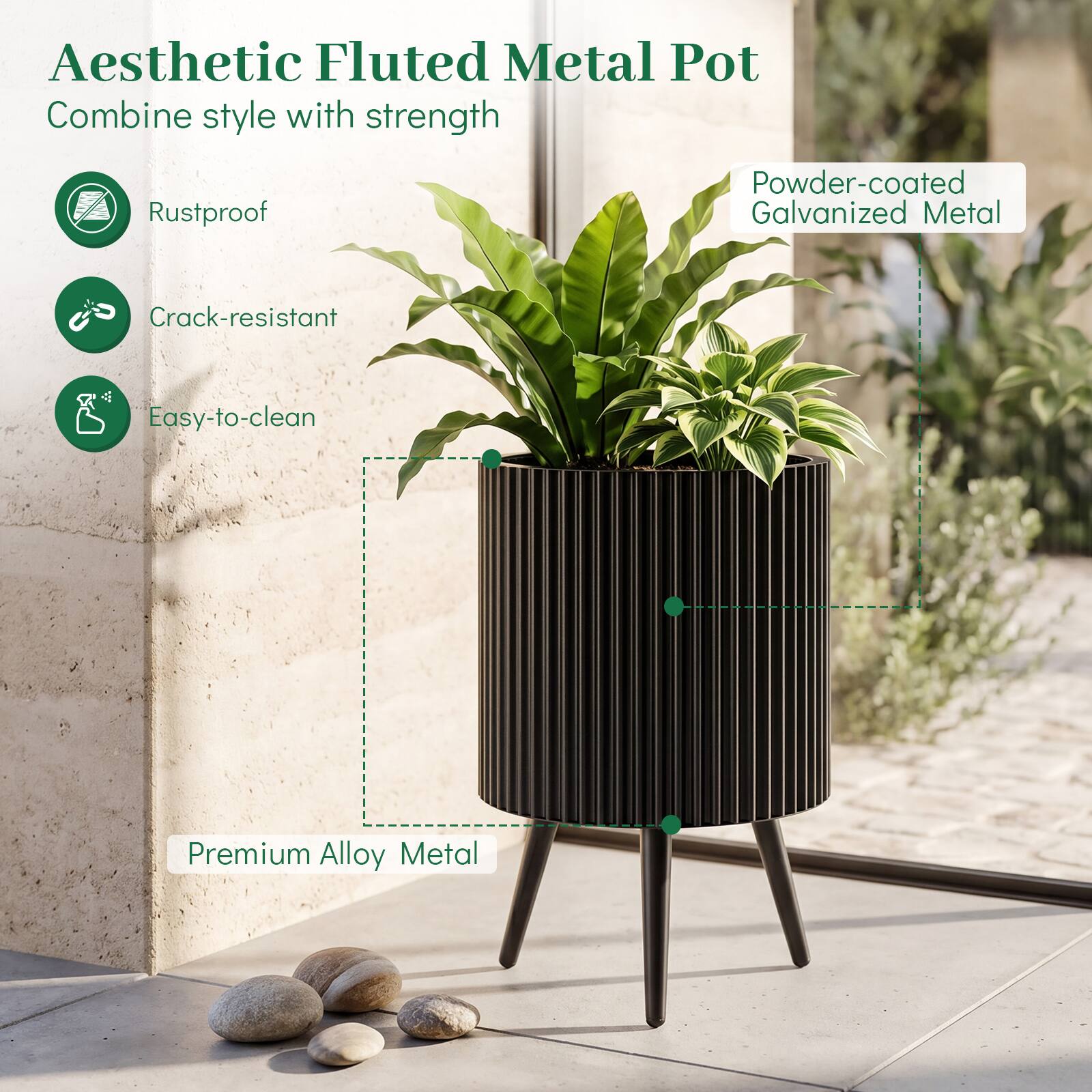Aesthetic Fluted Metal Pot  
Combine style with strength  

- Rustproof  
- Crack-resistant  
- Easy-to-clean  

Powder-coated Galvanized Metal  
Premium Alloy Metal