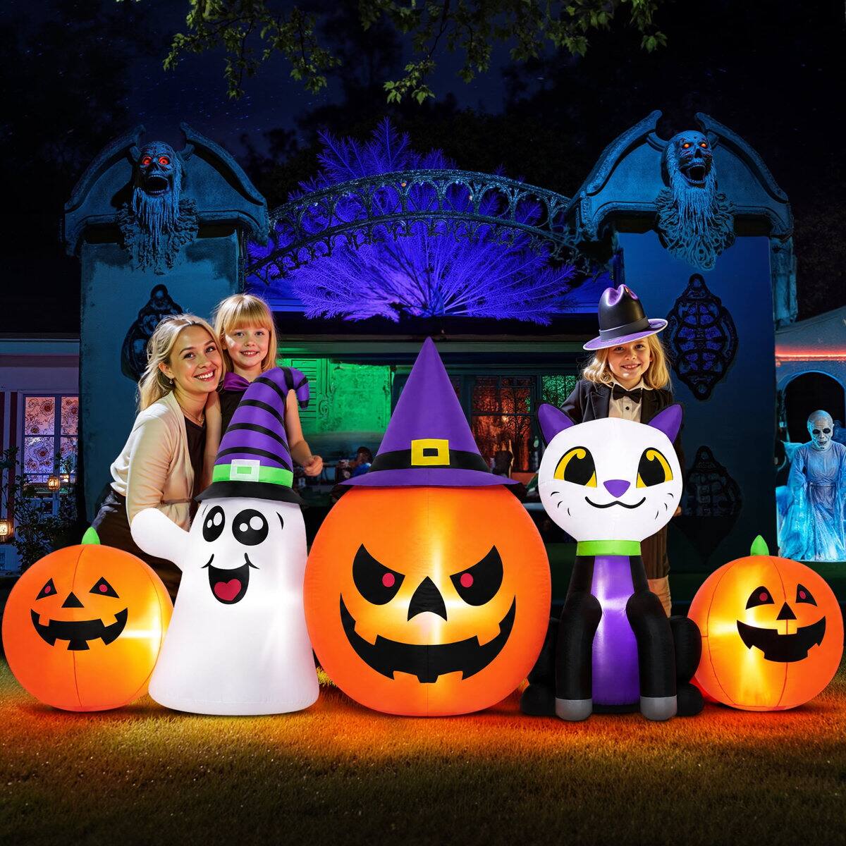 Alt View 4. Wisairt - 8ft Inflatable Pumpkin Ghost Cat with LED Lights - Outdoor Decor - Green|White|Red.