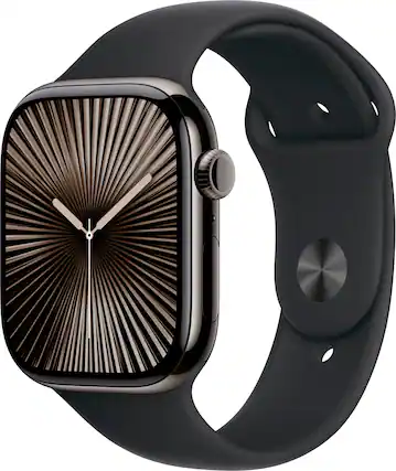 Angle. Apple - Apple Watch Series 10 (GPS+Cellular) 46mm Titanium Case with Black Sport Band - M/L - Slate.