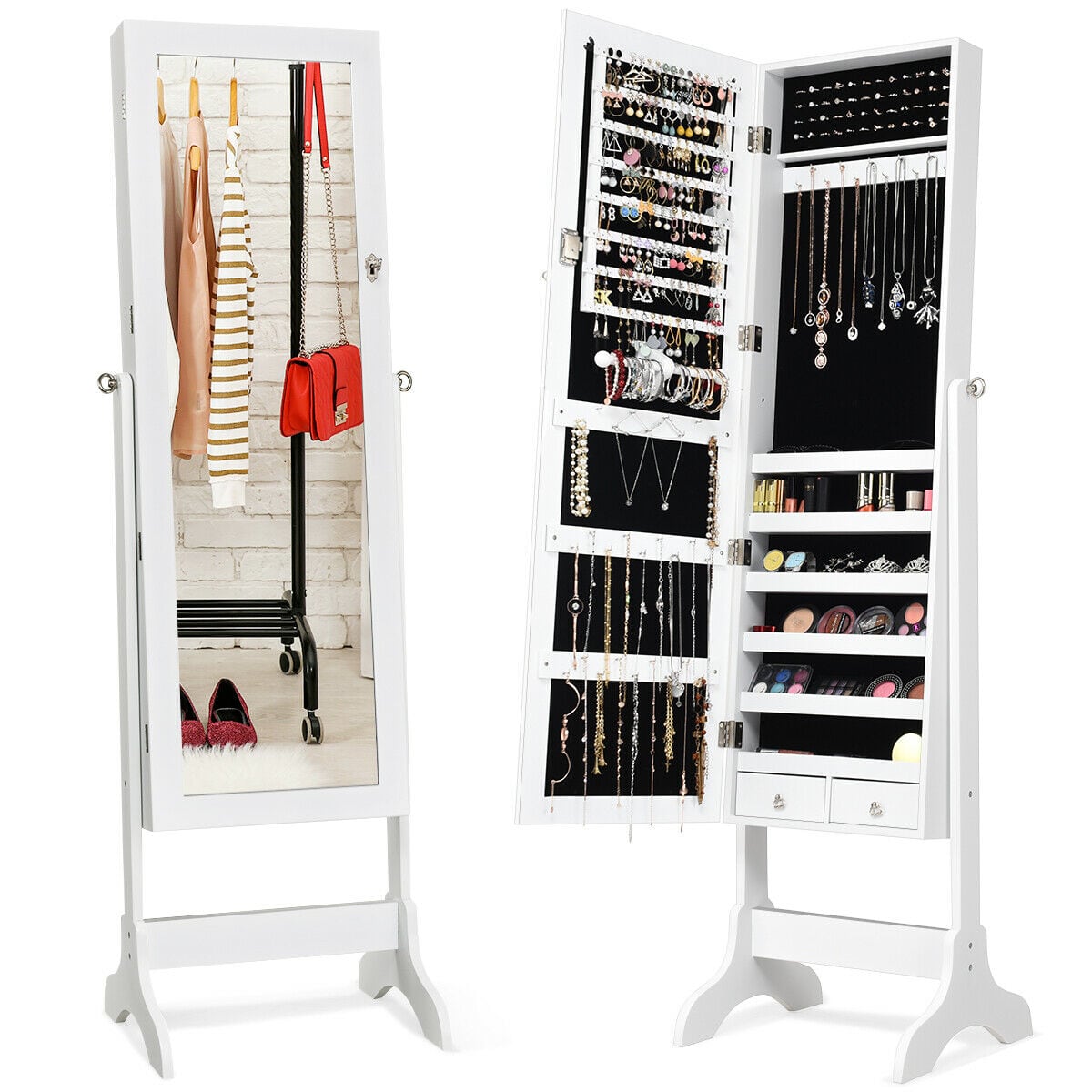 Front. Costway - Mirrored Jewelry Cabinet Storage Organizer w/Box Drawers White - White.