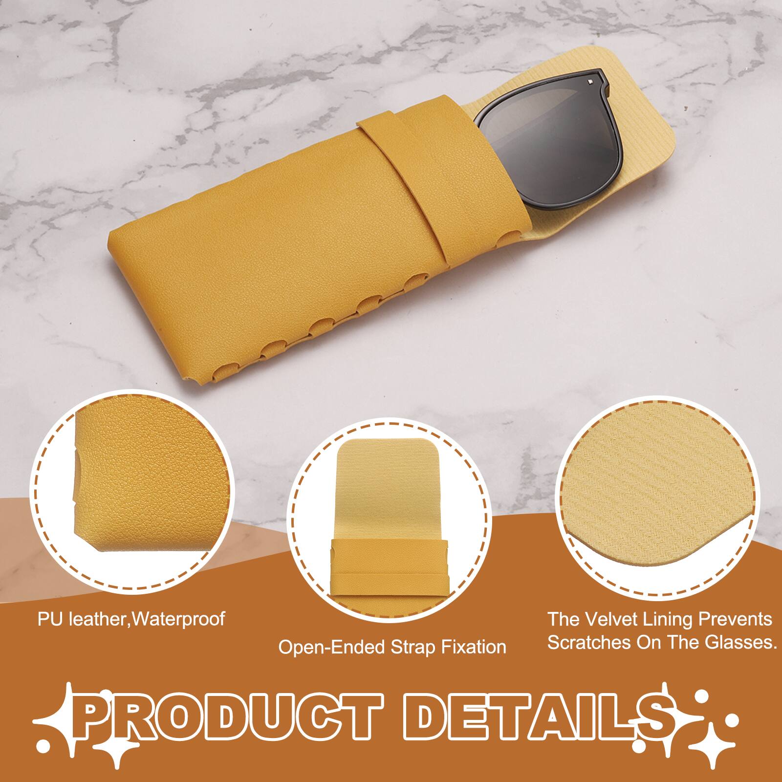 PU leather, Waterproof  
The Velvet Lining Prevents Scratches On The Glasses.  
PRODUCT DETAILS