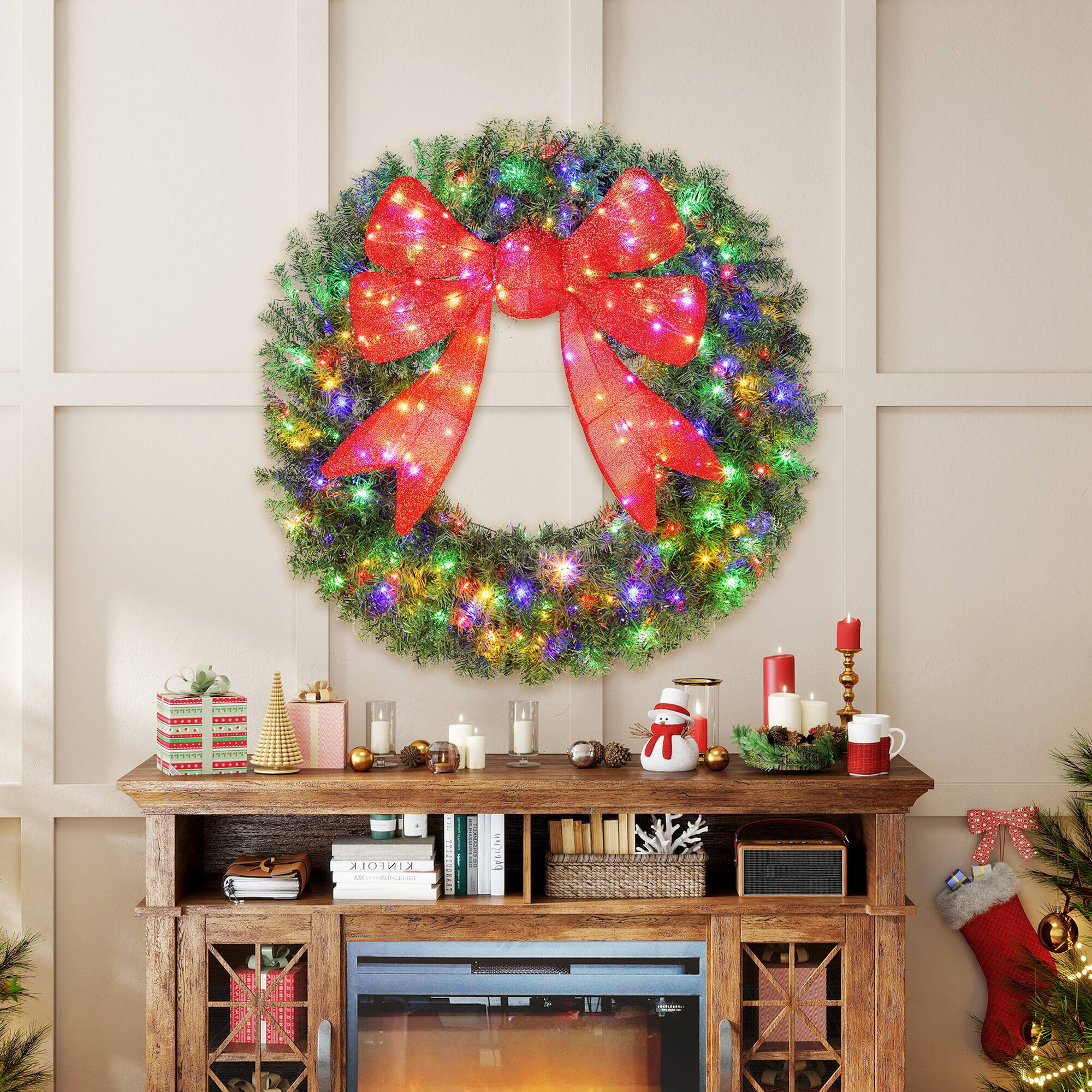 Alt View 1. Homcom - 48in Pre-Lit Xmas Wreath, 3D Red Bow, 11 Modes, Remote, 200 LEDs, 702 Tips, Indoor Outdoor - Green.