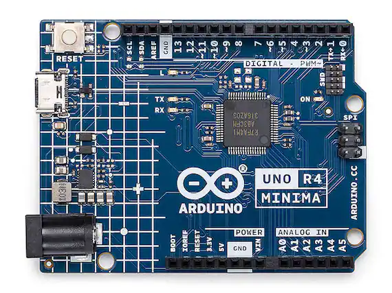 RESET H 103N
#SCL SDA 8 7
! 5 3 2 1 AREF GND
13 12 ~11 ~10 6~ 9~
? 2 TX RX DIGITAL - PWM~
L SWD TX ON RX
316AZ03 SPI AB3FM R7FA4M1
R Cc - +
UNO R4 ARDUINO MINIMA ARDUINO.CC
POWER ANALOG IN BOOT IOREF RESET
3.3V 5V GND
A0 A1 A2 A3 A4 A5