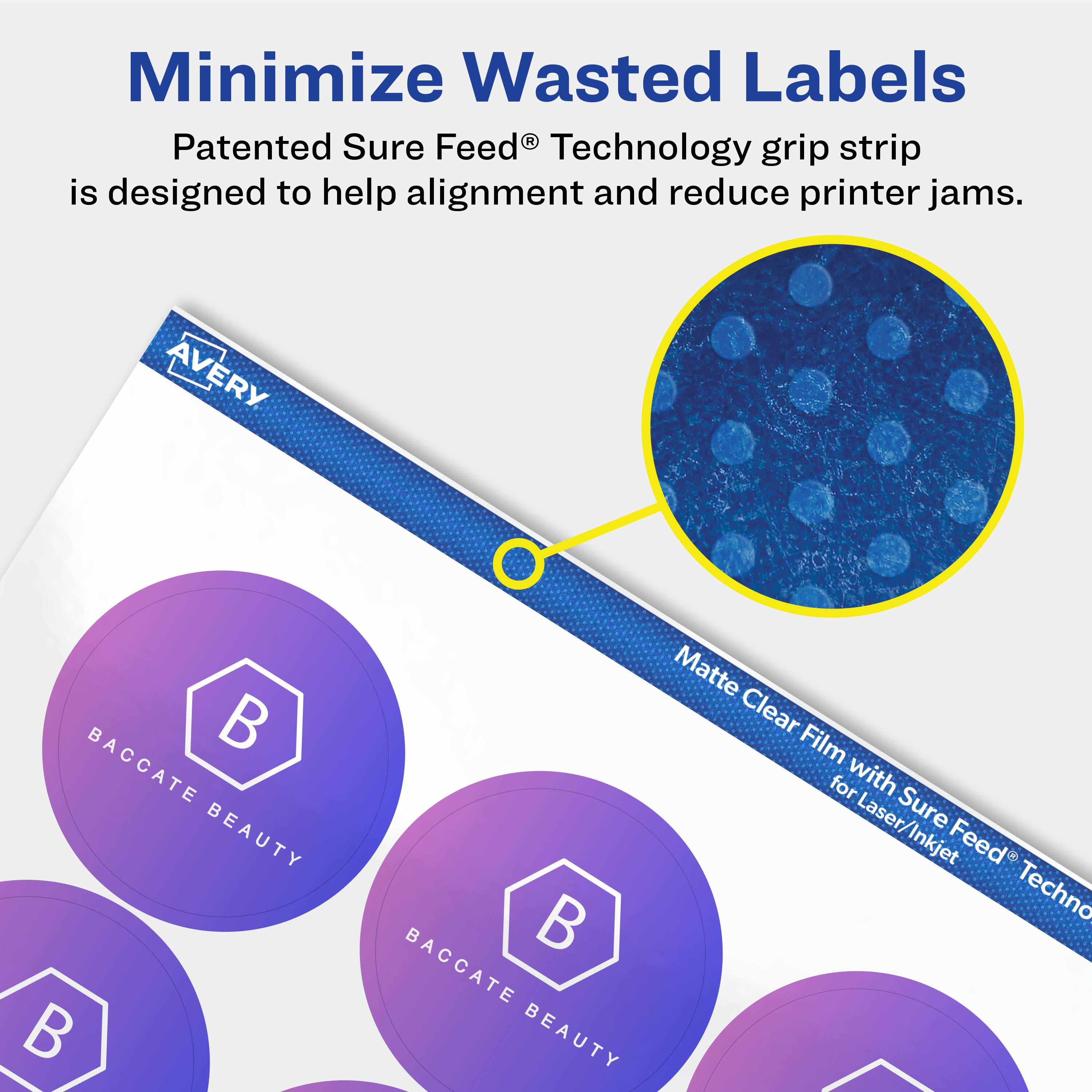 Minimize Wasted Labels

Patented Sure Feed® Technology grip strip is designed to help alignment and reduce printer jams.

AVERY BACCATE BEAUTY B Matte Clear Film for Laser/Inkjet Sure Feed® Technology