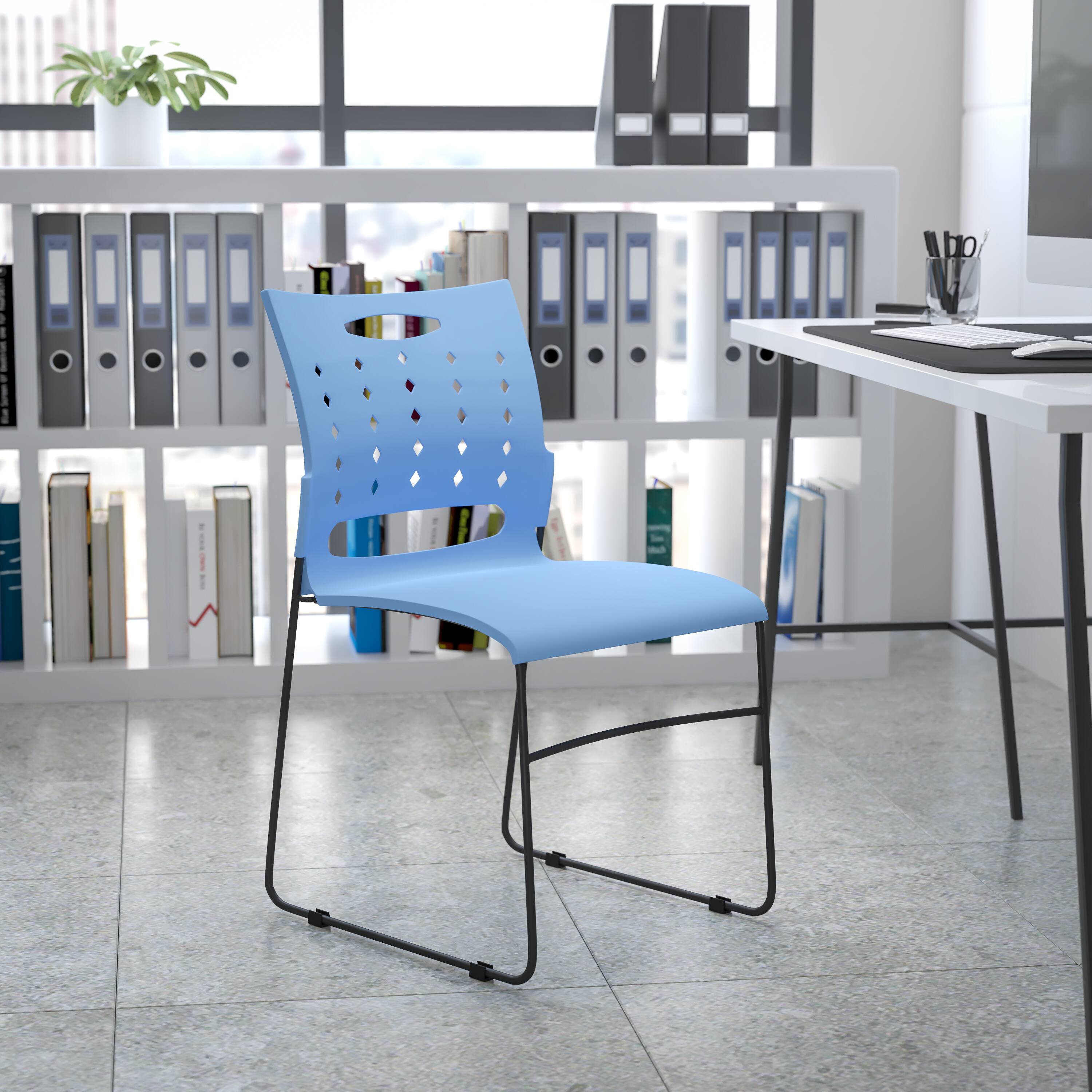 Alt View 1. Emma + Oliver - Home Office Plastic Accent Sled Base Stack Chair - Air-Vent Back - Blue.