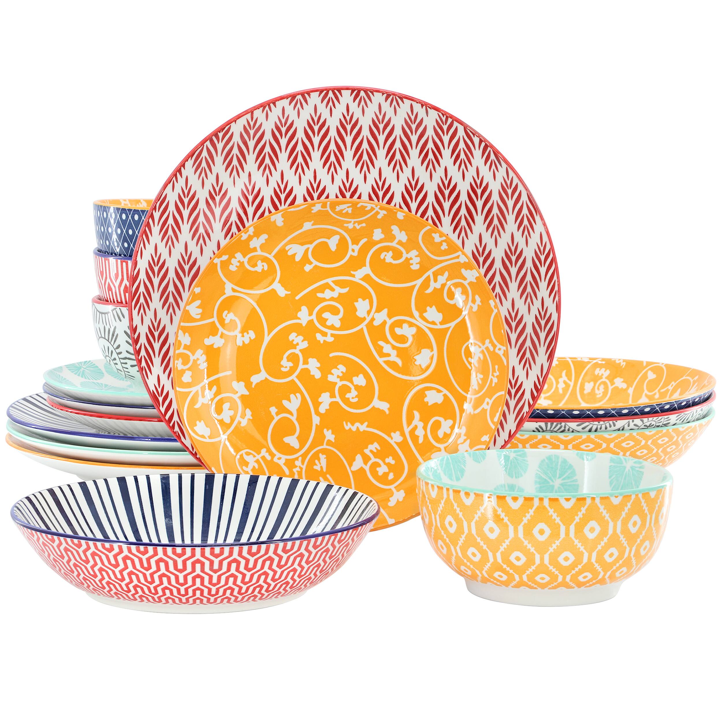 Elama - Giovanna 16 Piece Assorted Porcelain Double Bowl Dinnerware Set - Multi-colored