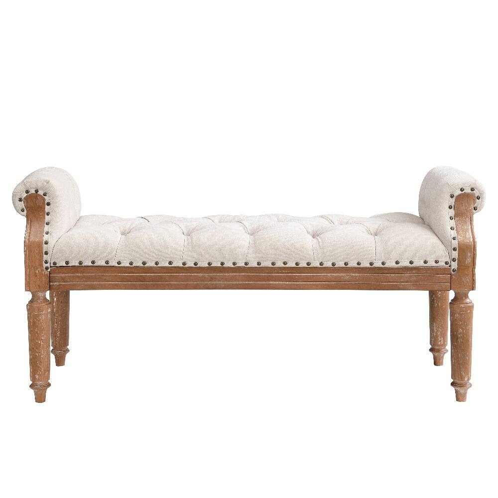 Alt View 3. Ropilly - Ropilly Upholstered Bench Mid-Century Solid Wood Tufted Ottoman End of Bed Bench with Rolled Arms for Bedroom Beige 50in - Beige.