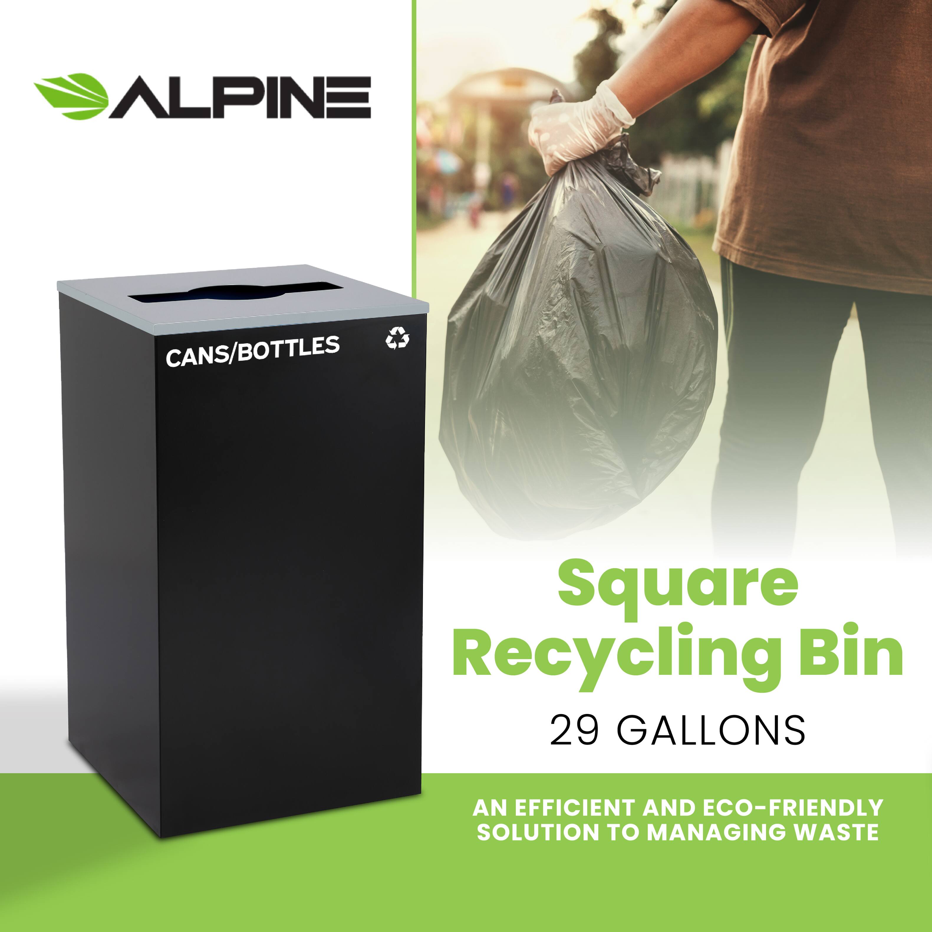 ALPINE, CANS/BOTTLES, Square Recycling Bin, 29 GALLONS, AN EFFICIENT AND ECO-FRIENDLY SOLUTION TO MANAGING WASTE