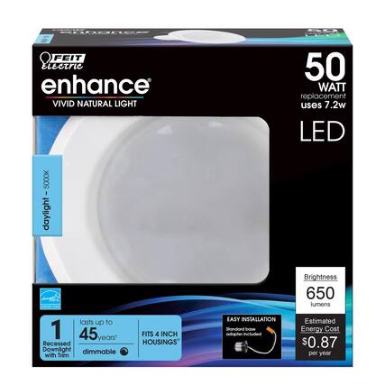 FEIT Electric enhance
VIVID NATURAL LIGHT
5000K daylight
50 WATT replacement uses 7.2w LED
lasts up to 45 years
Recessed Downlight dimmable with Trim
FITS 4 INCH HOUSINGS
EASY INSTALLATION
Standard base adapter included
Brightness 650 lumens
Estimated Energy Cost $0.87 per year