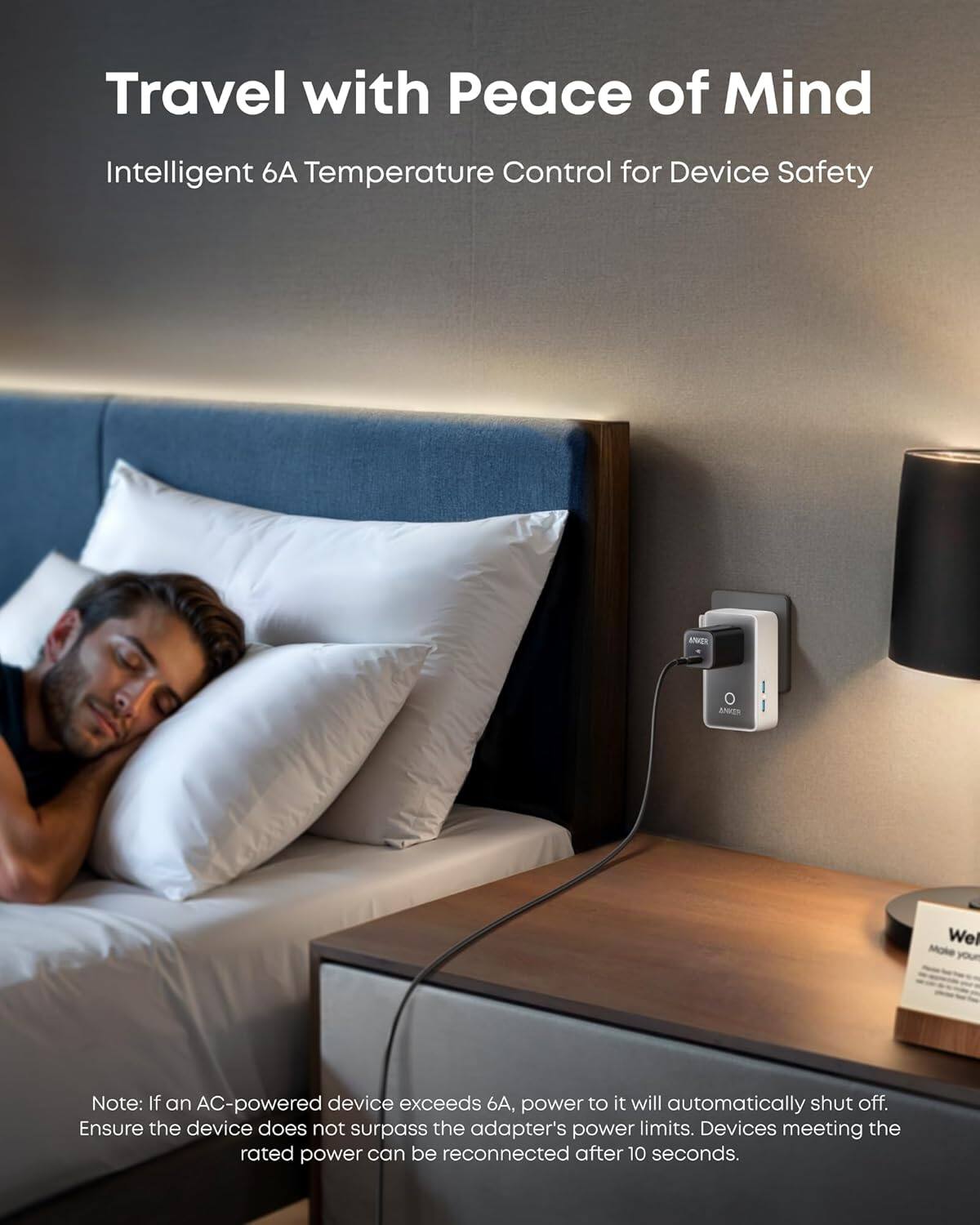 Travel with Peace of Mind Intelligent 6A Temperature Control for Device Safety

Note: If an AC-powered device exceeds 6A, power to it will automatically shut off. Ensure the device does not surpass the adapter's power limits. Devices meeting the rated power can be reconnected after 10 seconds.