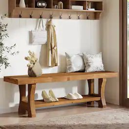 Tribesigns - Office Reception Bench with Solid Wood Construction, Storage Shelves, for Office Entryways and Waiting Areas - Brown