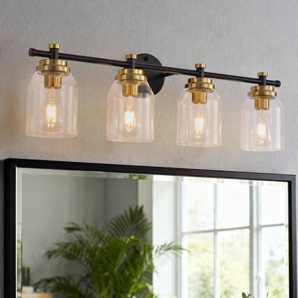 Front. RYHNUYNE - 4 Light Bathroom Light Fixtures Black and Gold Bathroom Wall Lights Modern Vanity Light with Clear Glass Shade - Black.