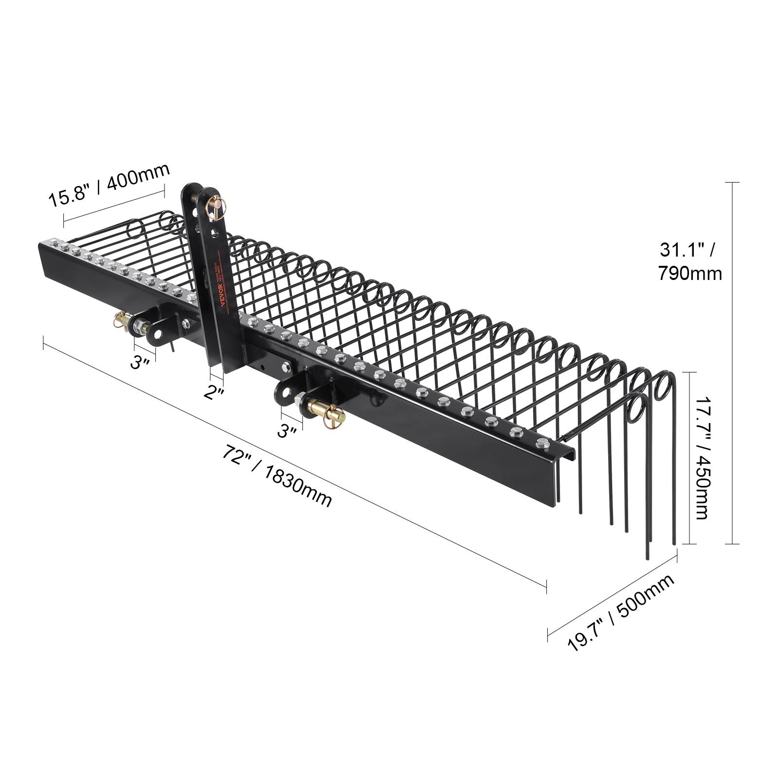 15.8" / 400mm
3" | 2" | 3"
72" / 1830mm
31.1" / 790mm
17.7" / 450mm
19.7" / 500mm
