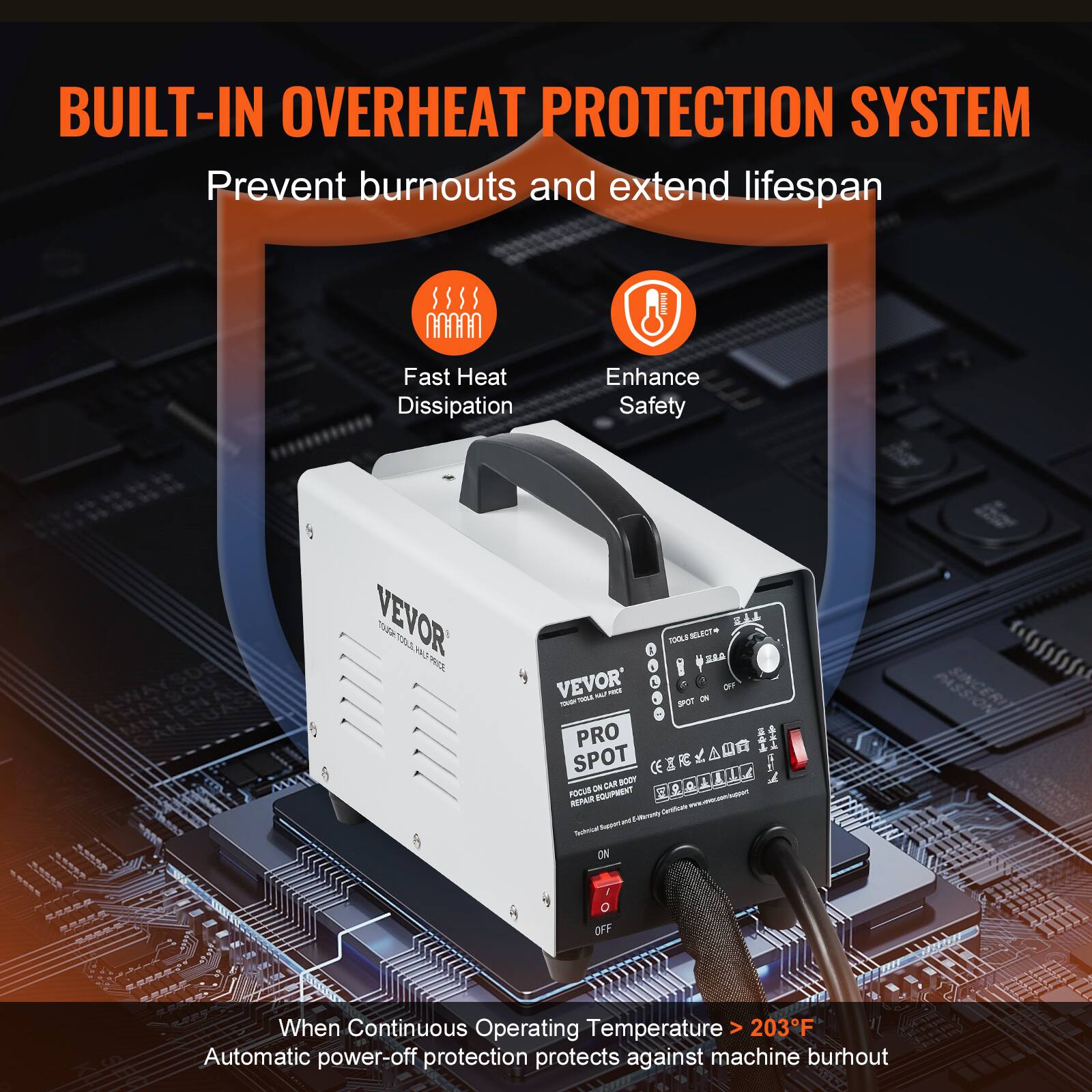 BUILT-IN OVERHEAT PROTECTION SYSTEM  
Prevent burnouts and extend lifespan  

Fast Heat Dissipation  
Enhance Safety  

VEVOR  
TOOLS SELECT SAS VEVOR' TRAP! TALL REP MILY SPOT ON OFF PRO  
SPOT ON CAR BODY FOCUS EQUIPMENT REPAIR Cartificate w -Wertenly Texthical Beeps ON  
PASSION  
OFF  

When Continuous Operating Temperature > 203°F  
Automatic power-off protection protects against machine burnout