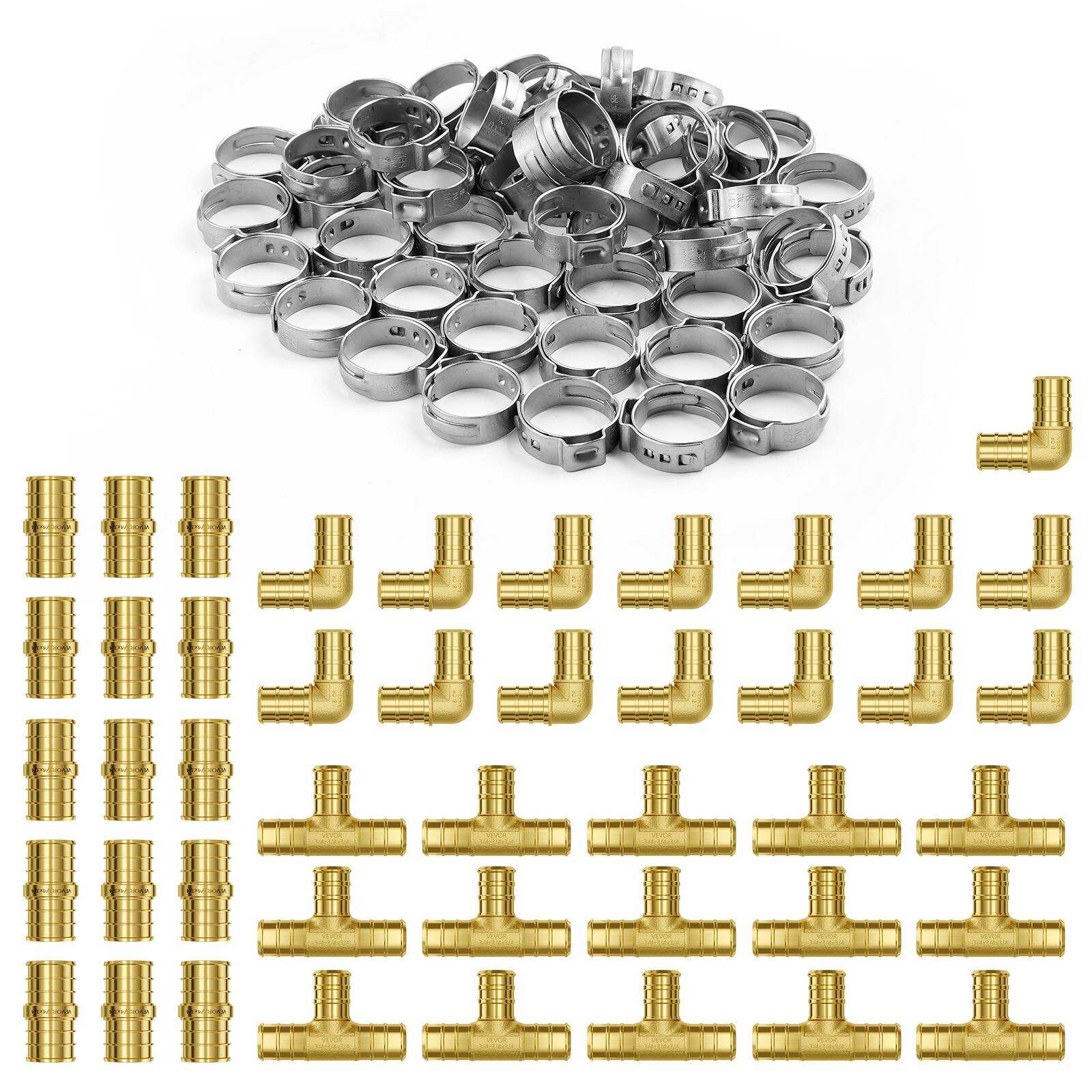Front. VEVOR - Pipe Fittings, 3/4" 45PCS (15xStraight, 15xElbows, 15xTees) Brass Pipe Fittings, Push-Fit Pipe Connector Brass Air - Brass color.