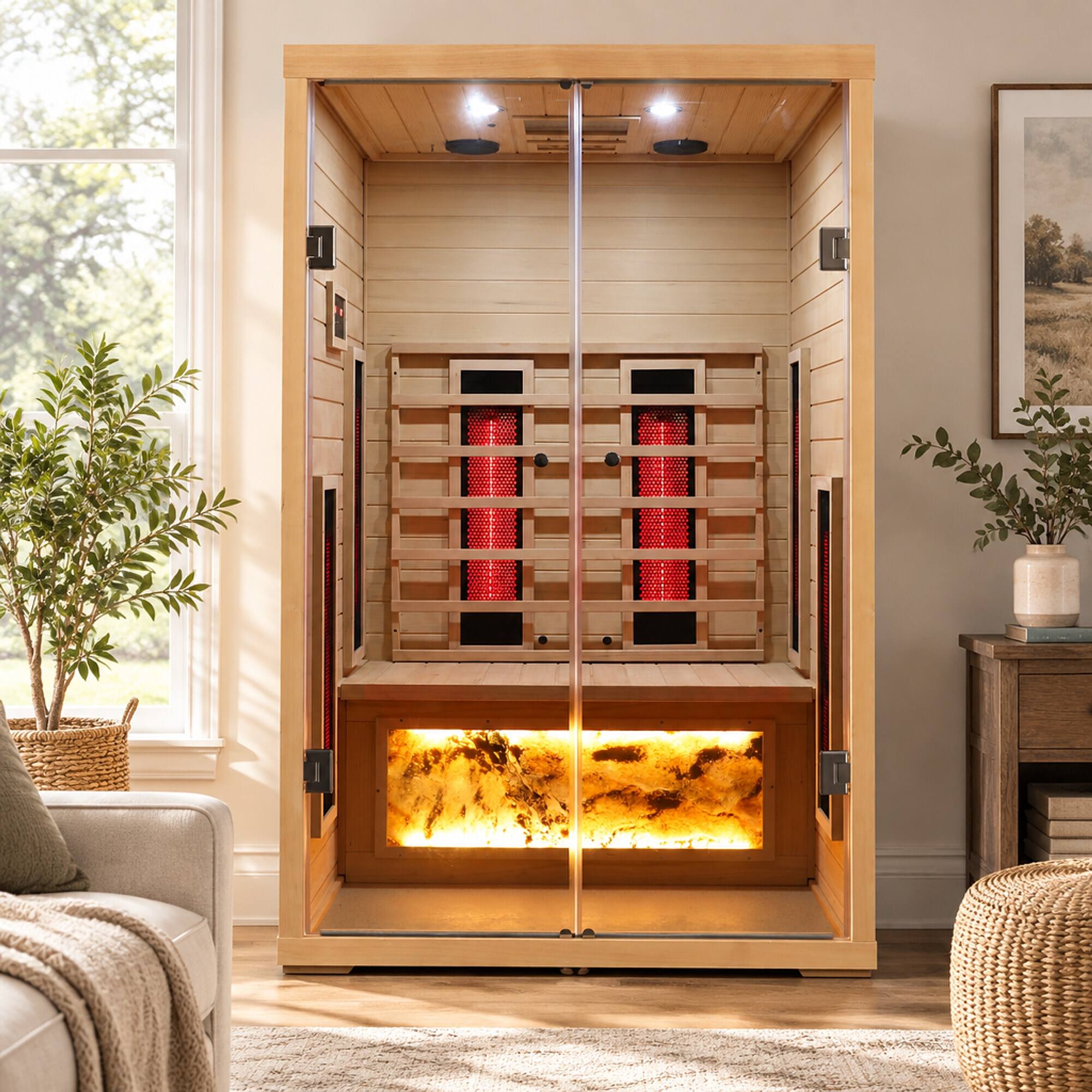 Alt View 1. RYHNUYNE - Two Person Hemlock Wood Far-Infrared Sauna Room, Low EMF Heaters, Digital Control Panel, Dry Cabin Design - Natural.