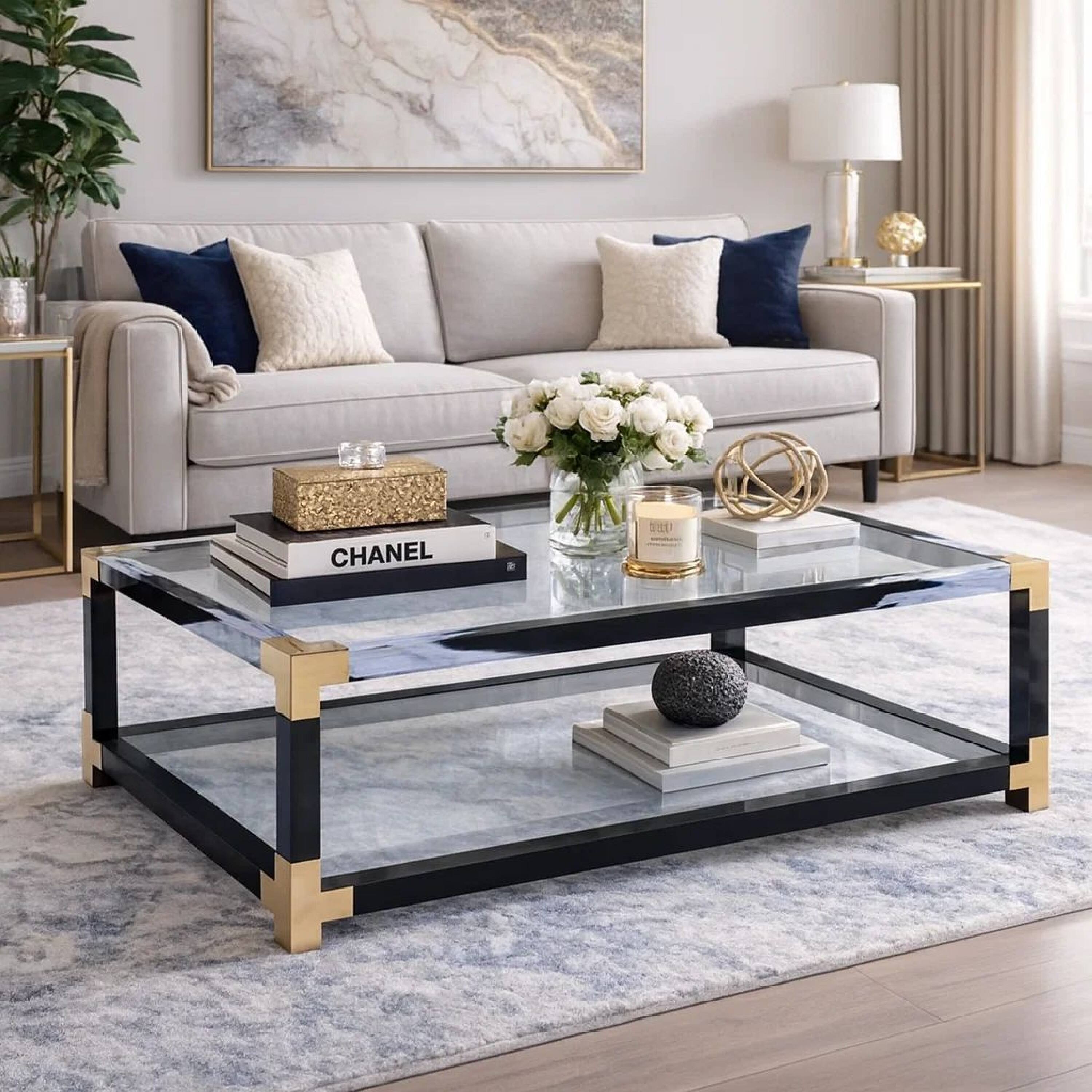 Alt View 5. Manhattan Lane - Rectangular Metal Coffee Table with Glass Top and Shelf - Black.