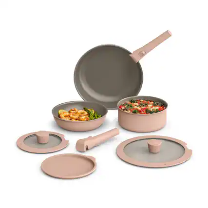 Front. Bella - Fits-anywhere Kitchenware: 8-Piece Ceramic Nonstick Cookware Set with Removable Handles - Blossom.