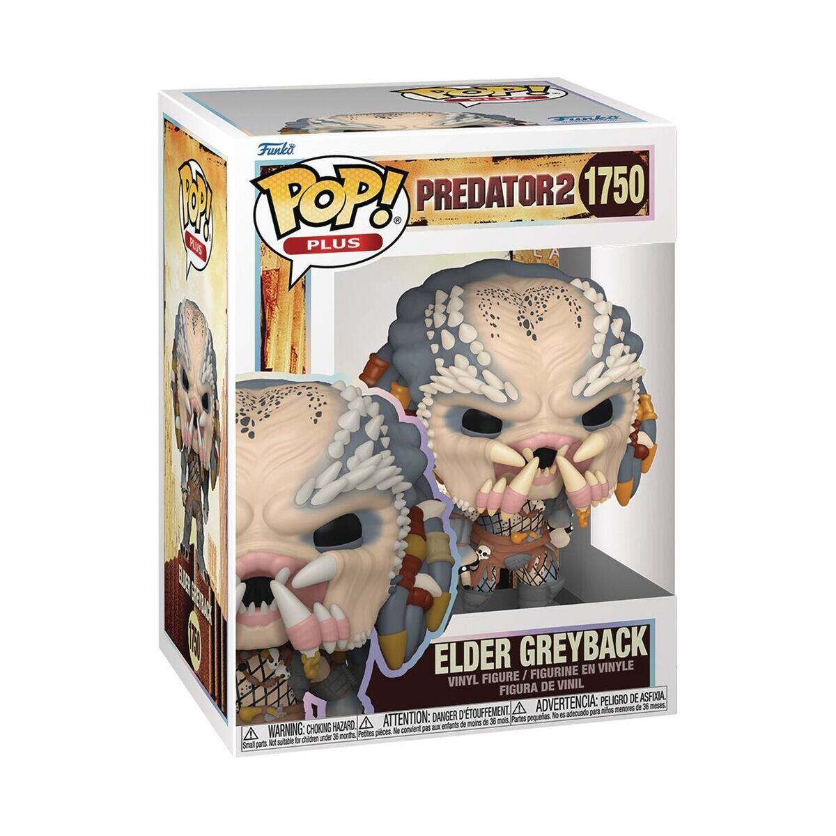 F 4 SXX0 Funko 1 POP! PREDATOR2 1750 KS PLUS ELDER GREYBACK VINYLE FIGURINE EN VINYL FIGURE / FIGURA DE VINIL ADVERTENCIA: PELIGRO DE ASFIA A - a 3 meses D'ETOUFFEMENT amouado para ndos DANGER pequetes - a ORASAH A ATTENTION: entants de - a 3 mos Partes WARNING: CHOKING convient O - A Pertites plces le ciden d  norts ME sutote 1 Small malpars