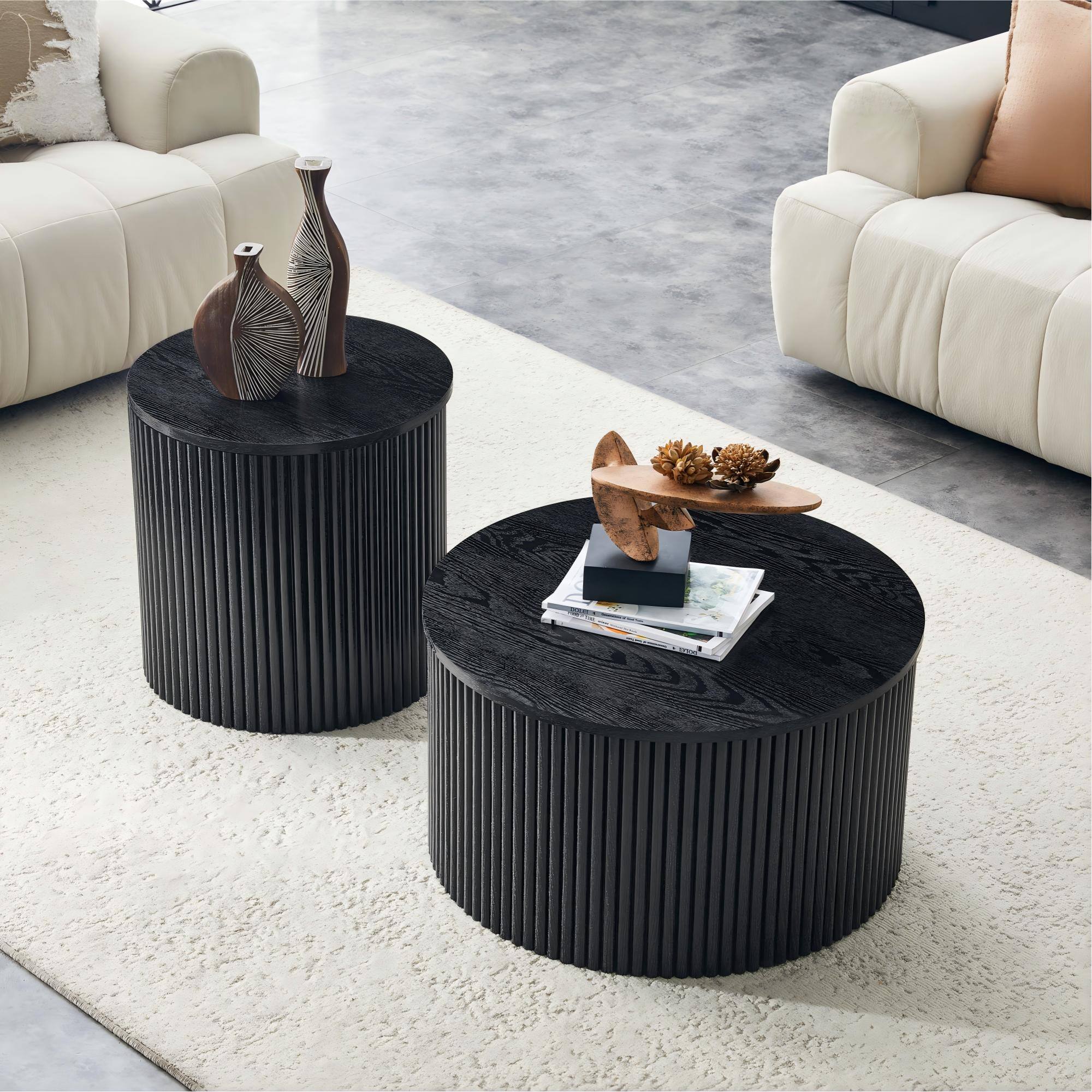 Left. Loheer - Loheer- 2.6ft Black Nesting Coffee Table Set Roman Column Round Storage Side Tables for Living Room - Black Woodgrain.