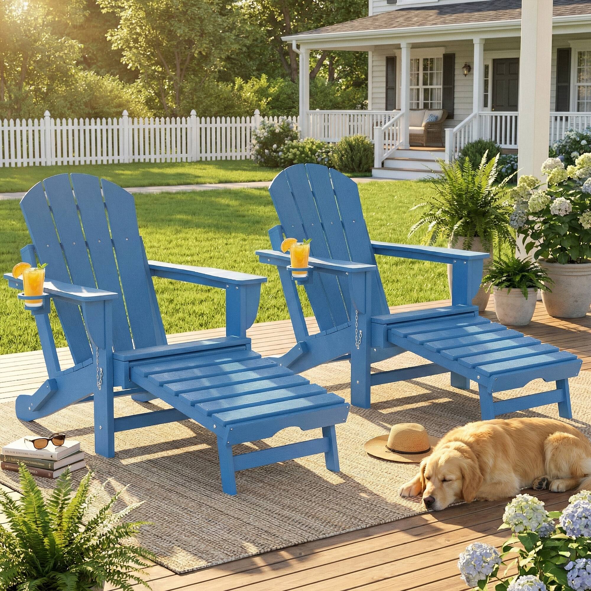Alt View 8. Outsunny - Folding Adirondack Chair Set of 2, Outdoor HDPE Fire Pit Chair with Retractable Ottoman, Cup Holder and Large Seat - Blue.