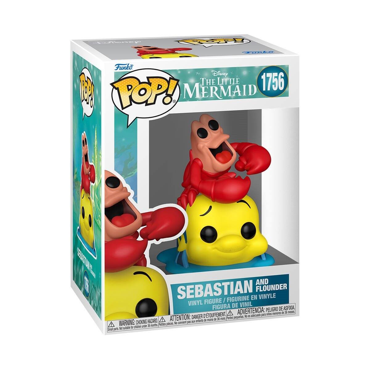 Disney  
POP! Funko  
Disney THE LITTLE MERMAID  
SEBASTIAN AND FLOUNDER FIGURINE EN VINYLE FIGURE / VINYL DE VINIL FIGURA  
PELIGRO DE ASFIXIA, D'ETOUFFEMENT, ADVERTENCIA: adecuado para niños menores de 36 meses.  
DANGER pequerias.  
WARNING: children under 36 months.  
Potites pieces.  
Not suitable for children under 36 months.