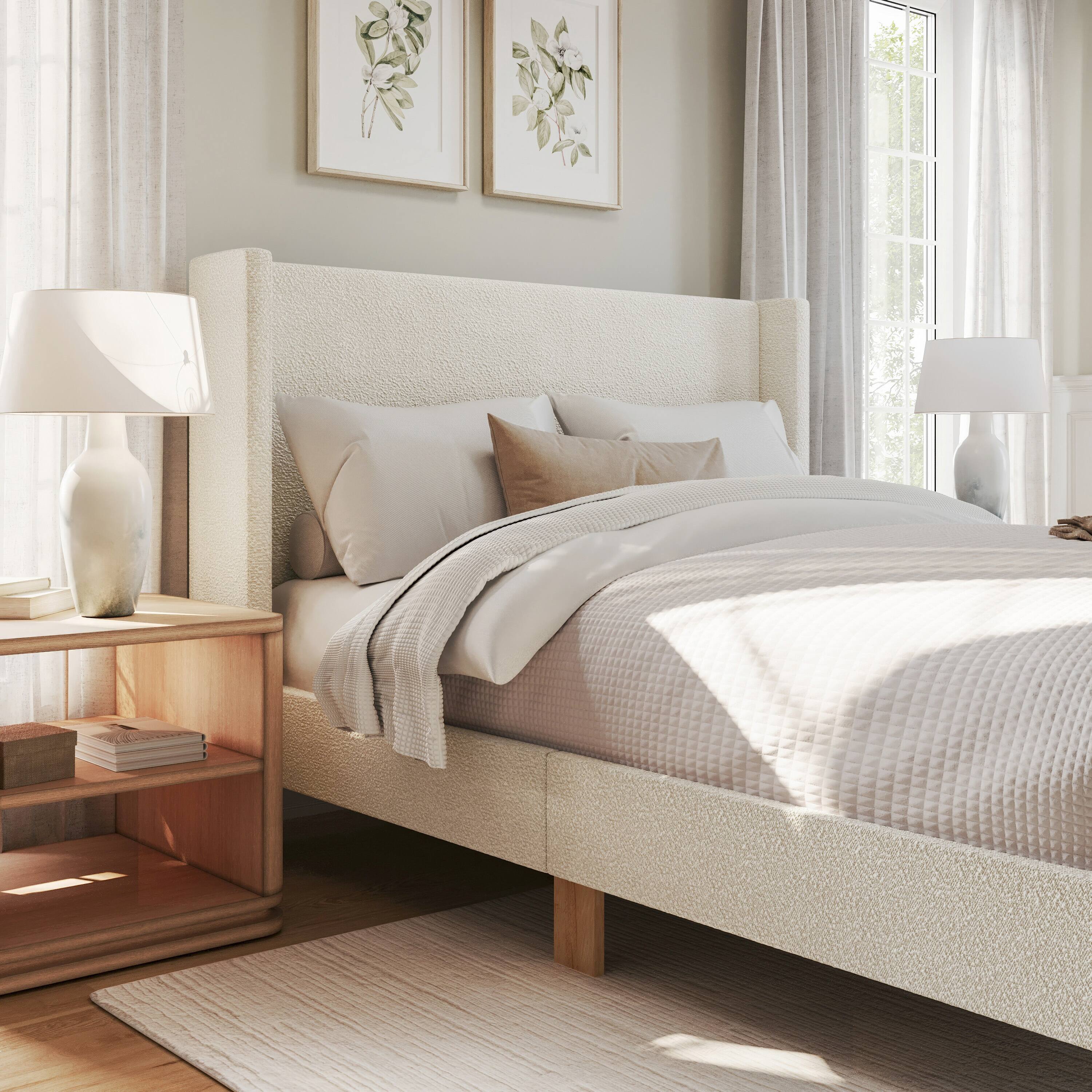 Alt View 4. Martha Stewart - Upholstered Platform Bed with Wingback Headboard - Off-White.