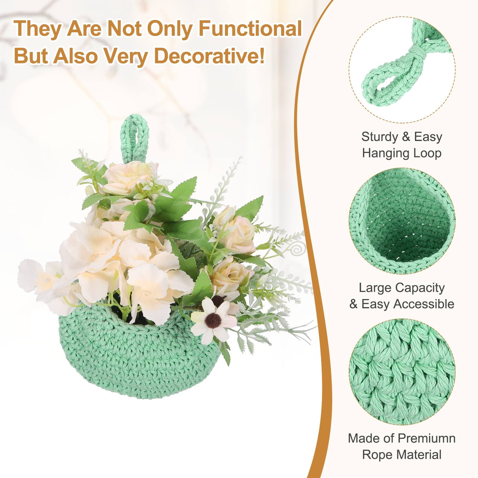 They Are Not Only Functional But Also Very Decorative! Sturdy & Easy Hanging Loop Large Capacity & Easy Accessible Made of Premium Rope Material