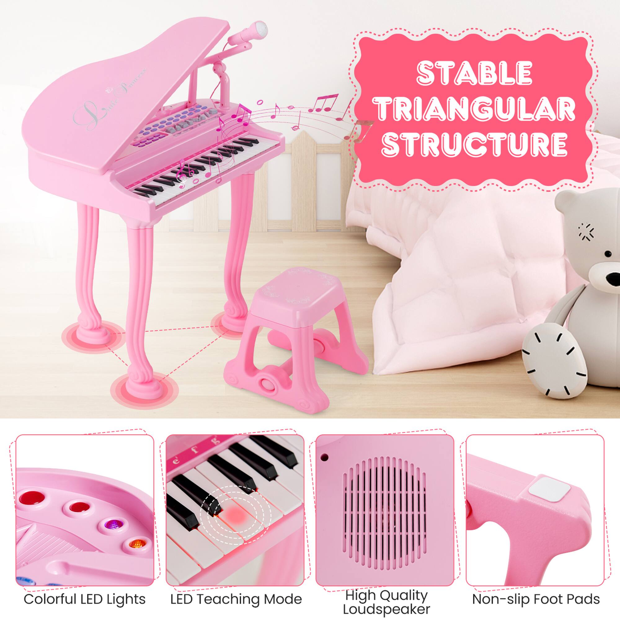 - Stable Triangular Structure
- Colorful LED Lights
- LED Teaching Mode
- High Quality Loudspeaker
- Non-slip Foot Pads
