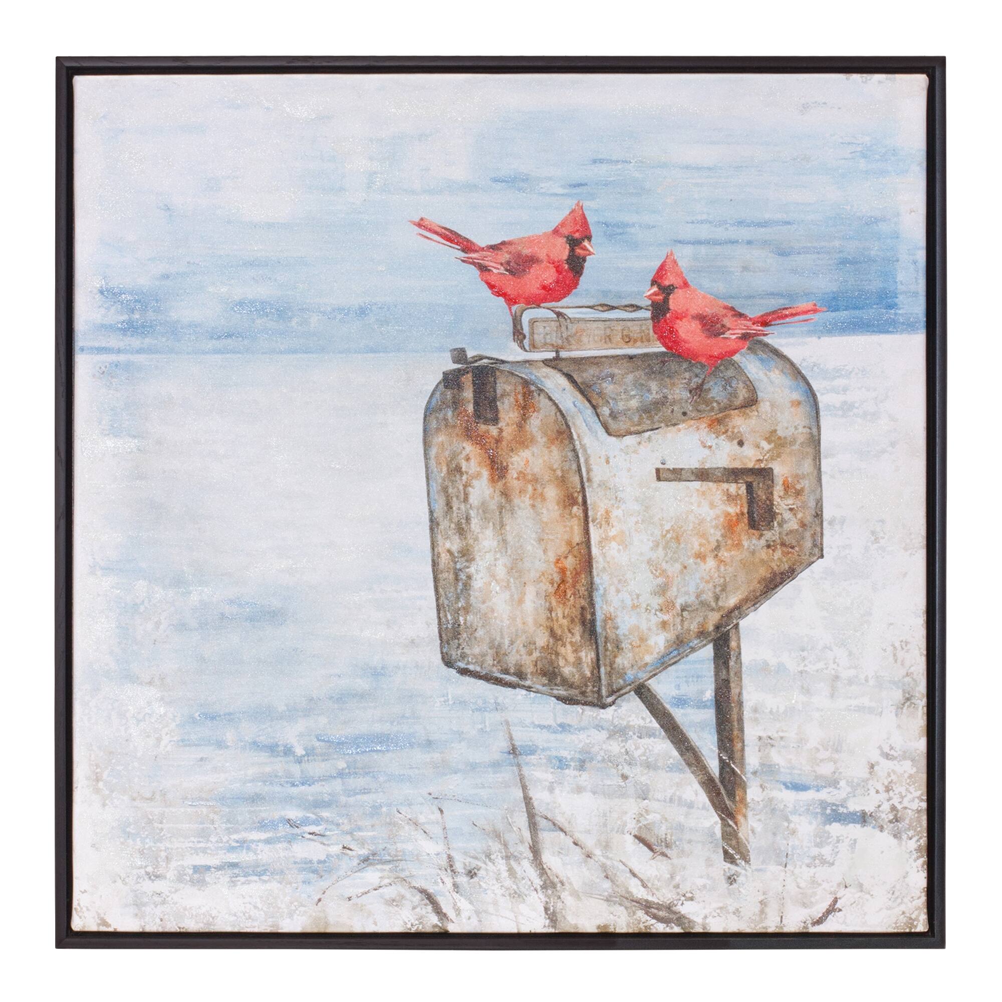 Front. BreeBe - Cardinal and Mailbox Canvas Print 24"SQ - Red, Blue.