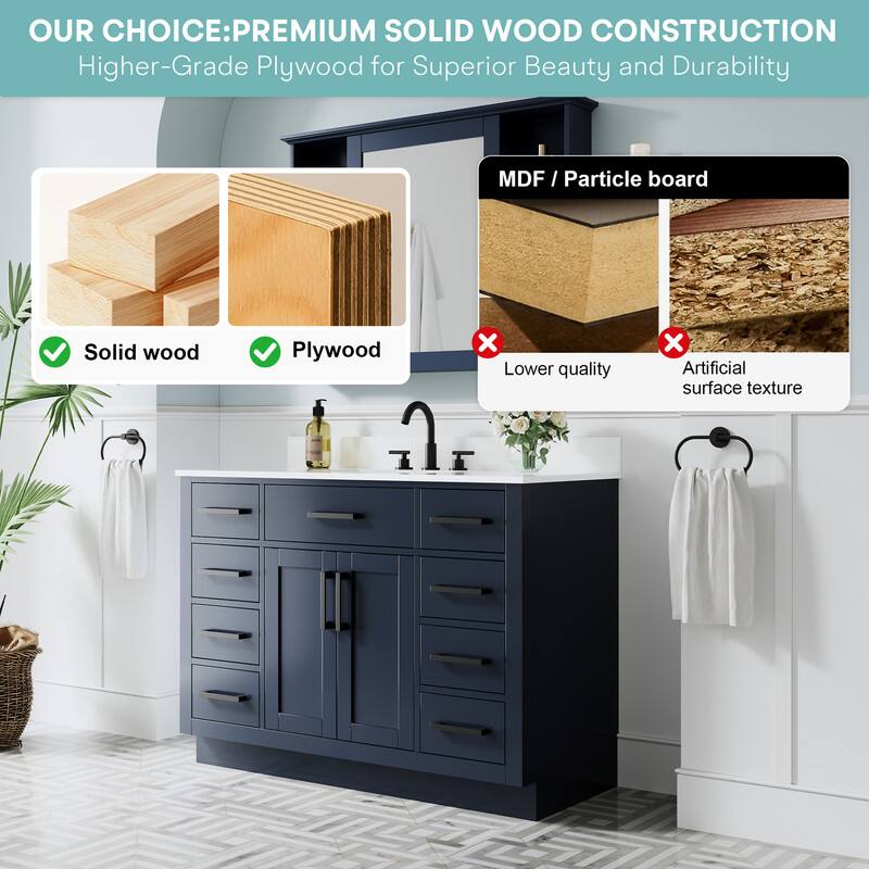 OUR CHOICE: PREMIUM SOLID WOOD CONSTRUCTION  
Higher-Grade Plywood for Superior Beauty and Durability  

Solid wood  
Plywood  

MDF / Particle board  
Lower quality  
Artificial surface texture