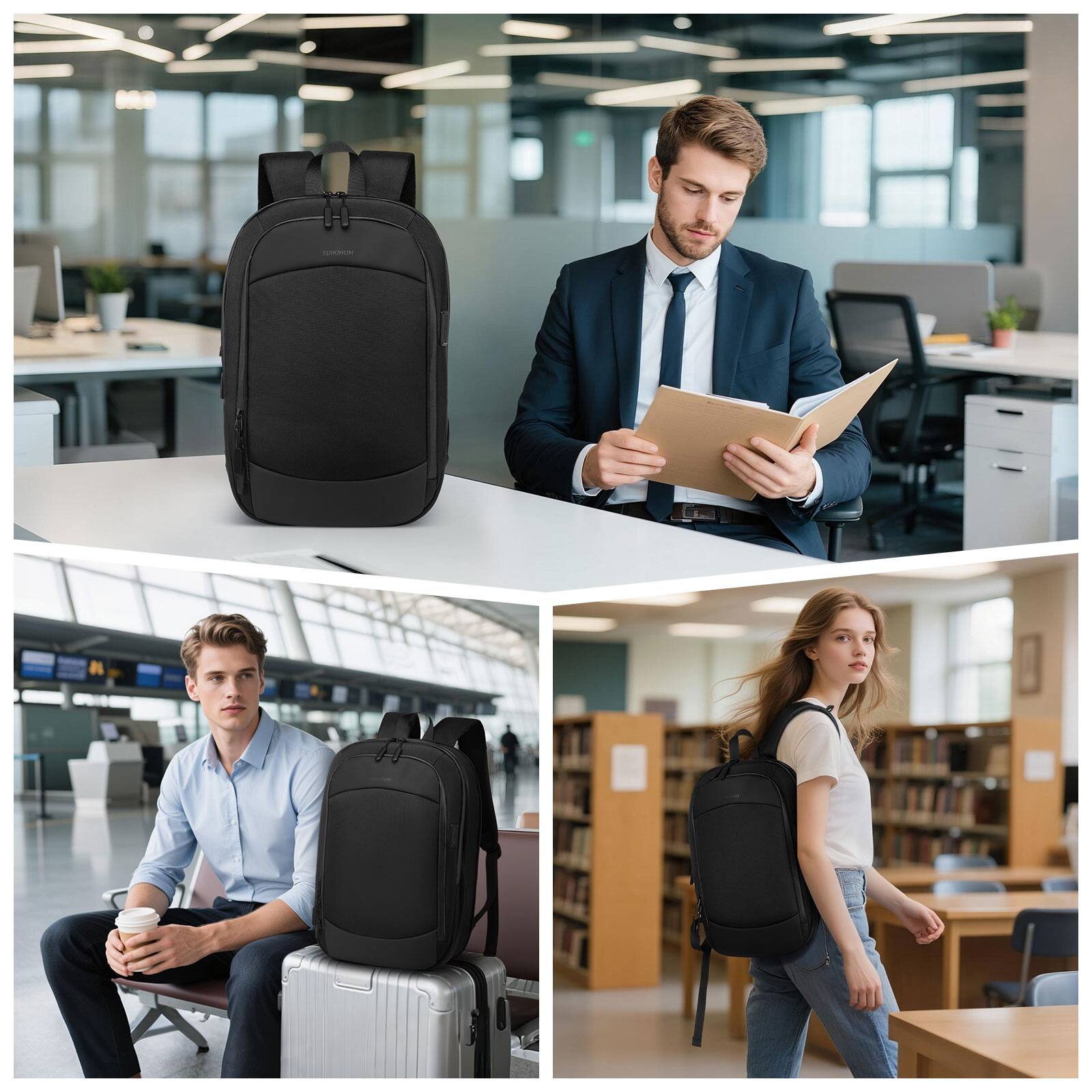 Alt View 6. Unique Bargains - Slim 15.6" Expandable Business Travel Laptop Backpack, Shock-Absorbing Protection, Water-Resistant Zippers - Black.