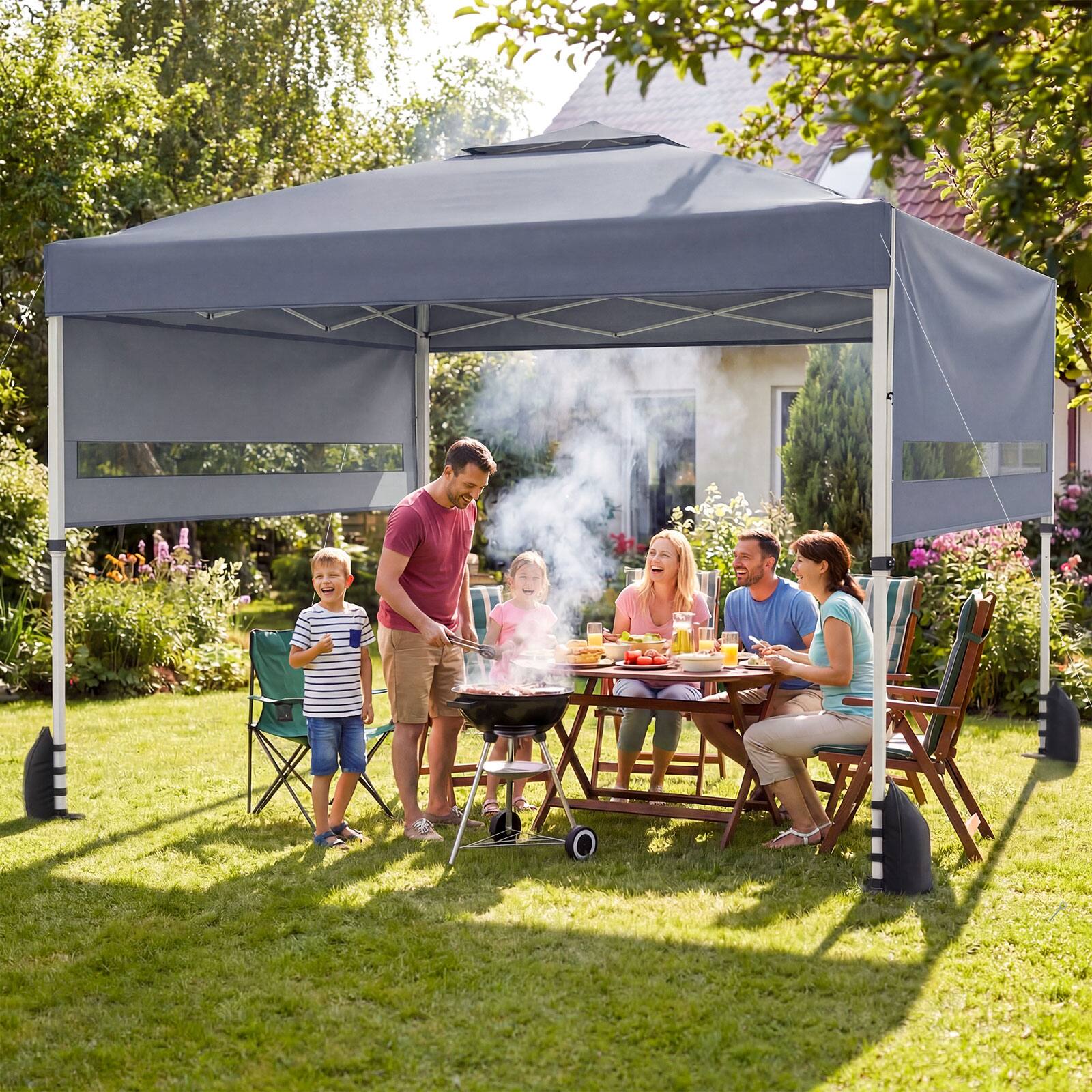 Alt View 3. Costway - Costway 10x17 FT Pop Up Canopy Tent with Dual Adjustable Awnings, Silver-Coated Fabric - Gray.