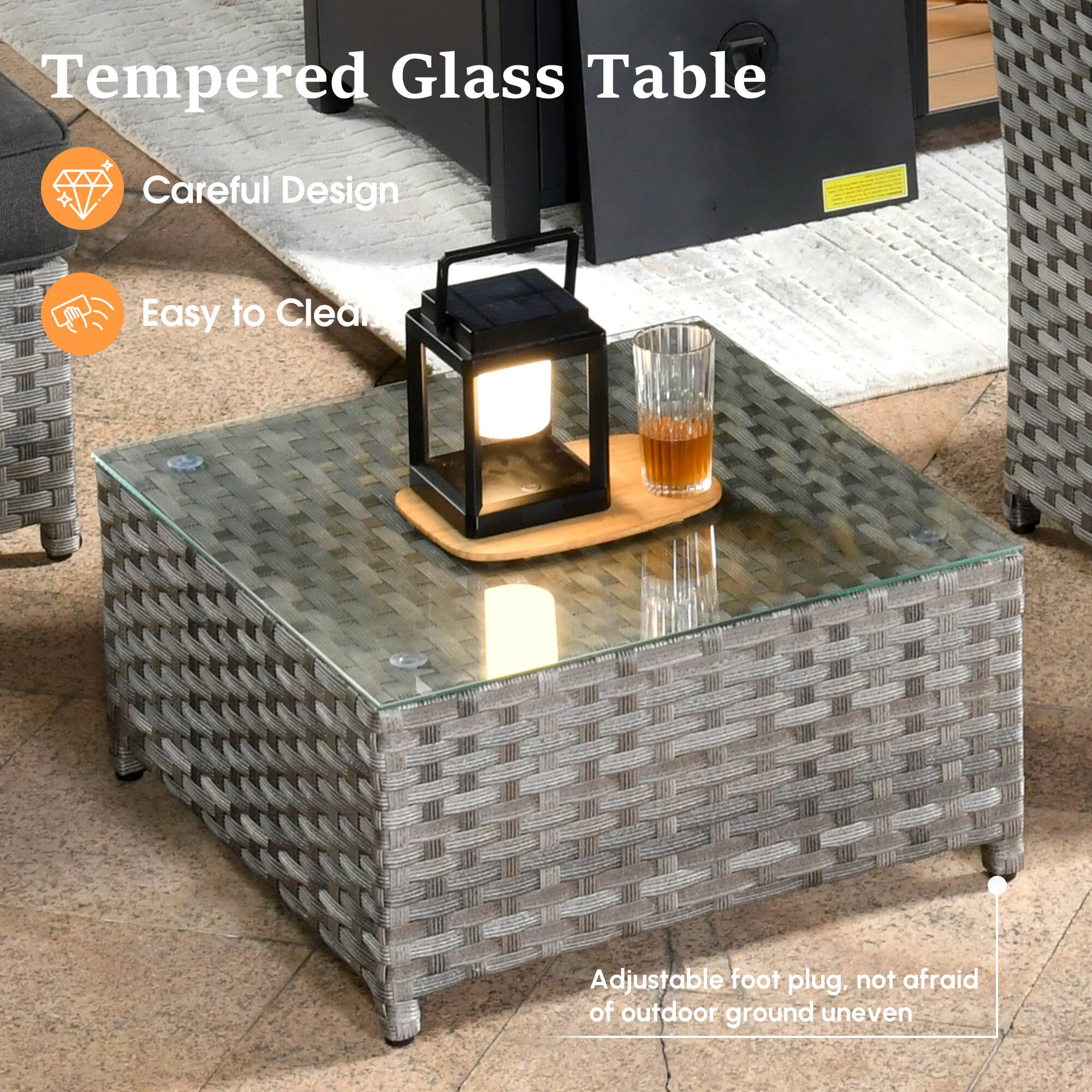Tempered Glass Table

- Careful Design
- Easy to Clean
- Adjustable foot plug, not afraid of outdoor ground uneven