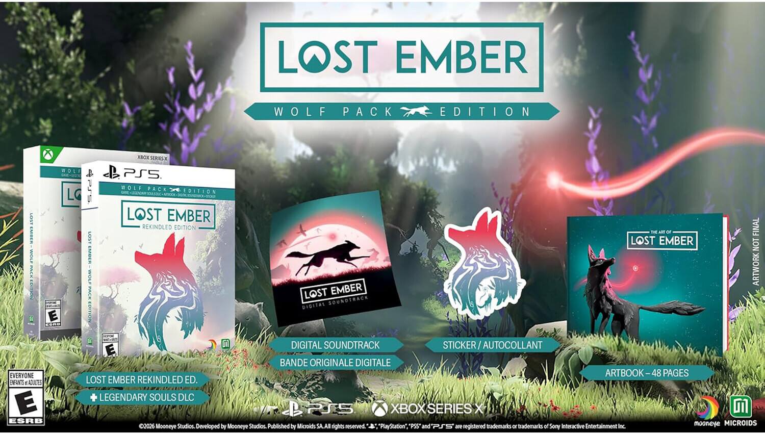 LOST EMBER WOLF PACK EDITION XBOX SERIES X PS5. WOLF PACK LG SF GIM GAN SUGERCE EDITION AITEOCK LOST LOST EMBER EMBER REKINDLED EDITION THE ANT OF FINAL LOST LOST EMBER NOT WOLF EMBER WOLF ARTWORK EDITION PACK LOST EMBER DIGITAL SOUNDTRACK E EDITION ZER0 SP DIGITAL SOUNDTRACK STICKER AUTOCOLLANT E BANDE ORIGINALE DIGITALE EVERYONE ARTBOOK-48 48 PAGES ENFANTS ADULTES LOST EMBER REKINDLED ED. LEGENDARY SOULS DLC E P05 XBOX OXSERIES X ESRB MICROIDS 2026 Mooneye Studios. Developed by Mooneye Studios. Published by Microids SA.AI rights reserved. PlayStation', "PSS" and PSS are registered trademarks or trademarks of Sony Interactive Entertainment Inc