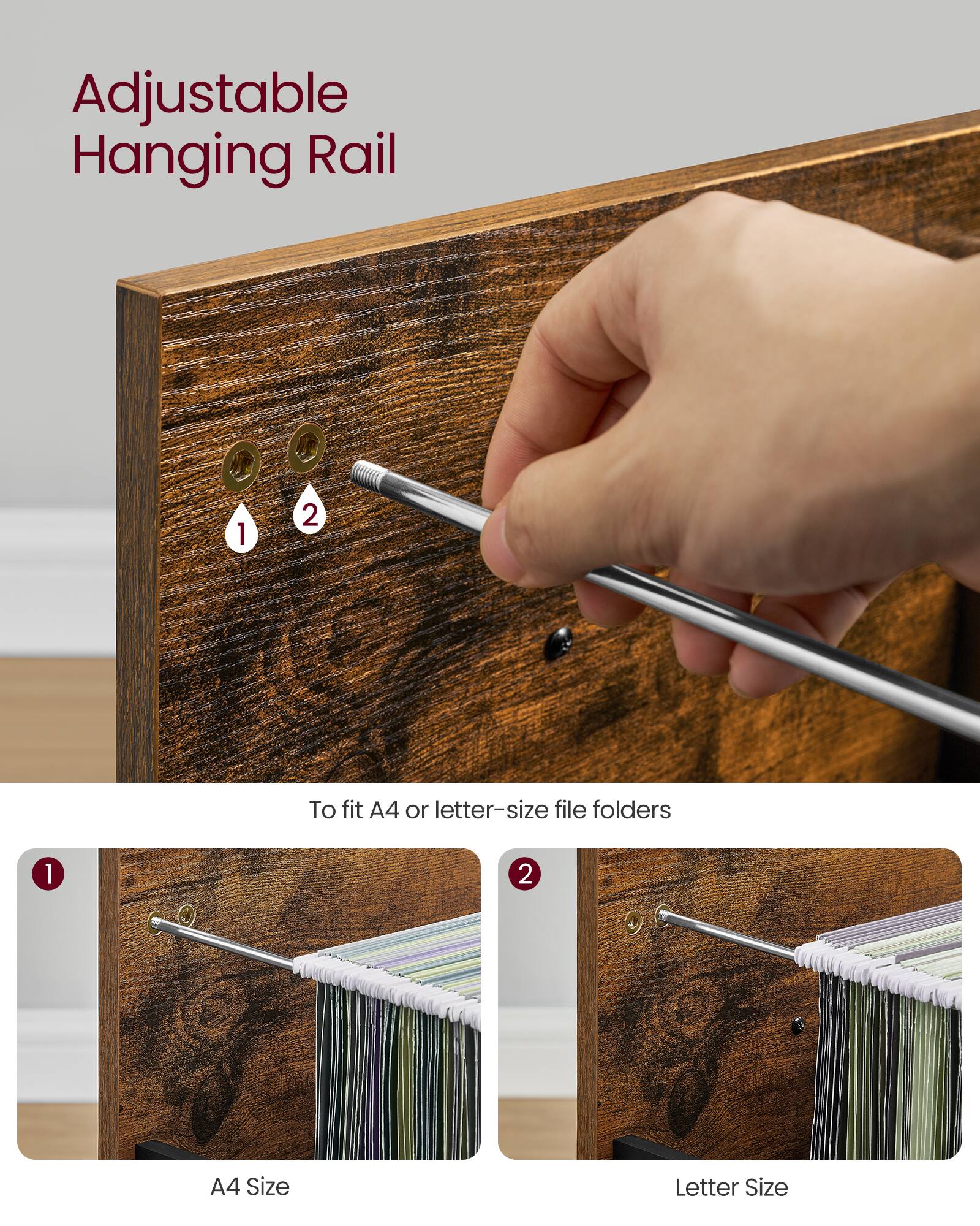 Adjustable Hanging Rail

To fit A4 or letter-size file folders

1. A4 Size
2. Letter Size