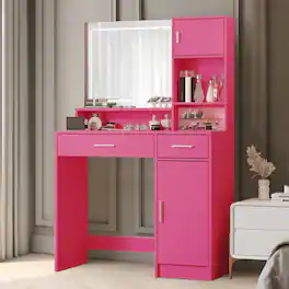 Loheer - Makeup Desk with LED Mirror, Vanity with Large Drawer and Three-Level Storage - Rose Pink