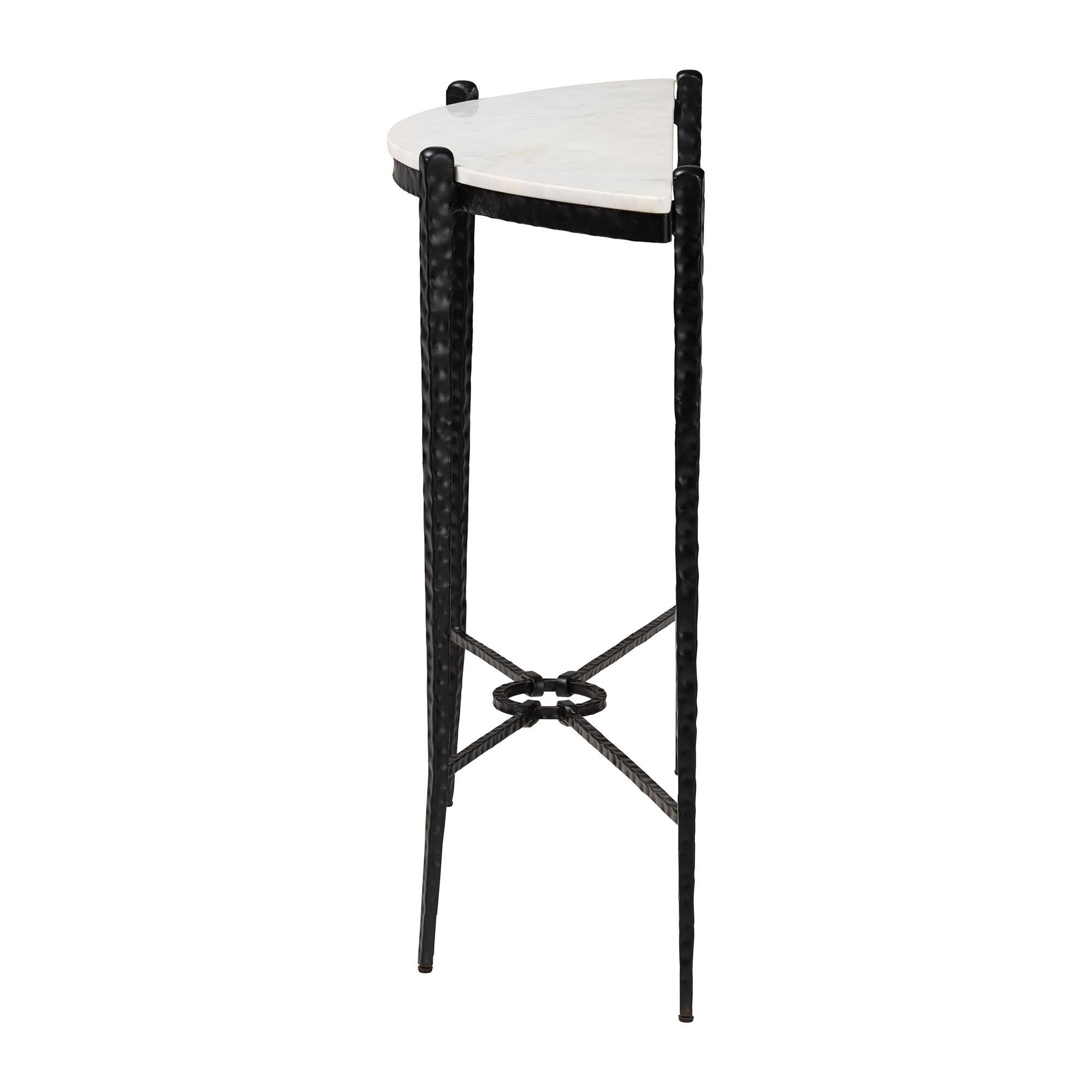 Left. Baxton Studio - Caledon Marble Console Table - Modern Rustic Accent Table with Hand-Forged Metal Frame and Half-Moon Tabletop - Marble White/Black.