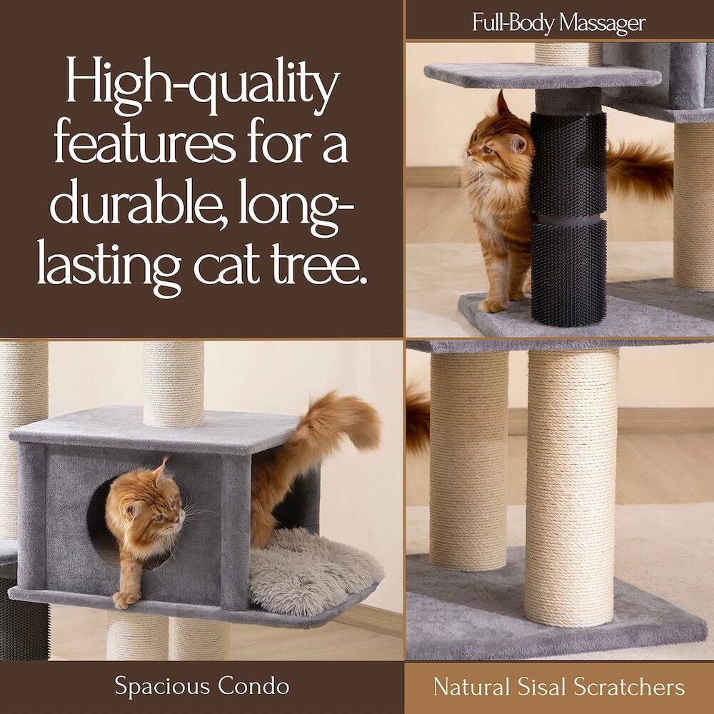 High-quality features for a durable, long-lasting cat tree.

- Full-Body Massager
- Spacious Condo
- Natural Sisal Scratchers
