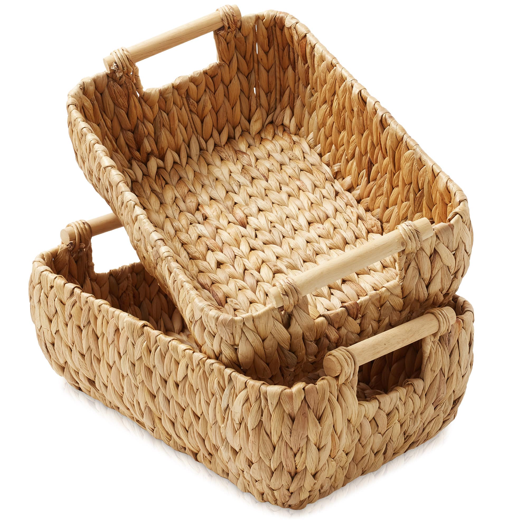 Casafield - Hyacinth Seagrass Oval Storage Baskets with Wooden Handles - Woven Bins - Natural - Hyacinth