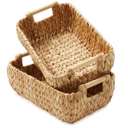 Casafield - Hyacinth Seagrass Oval Storage Baskets with Wooden Handles - Woven Bins - Natural - Hyacinth