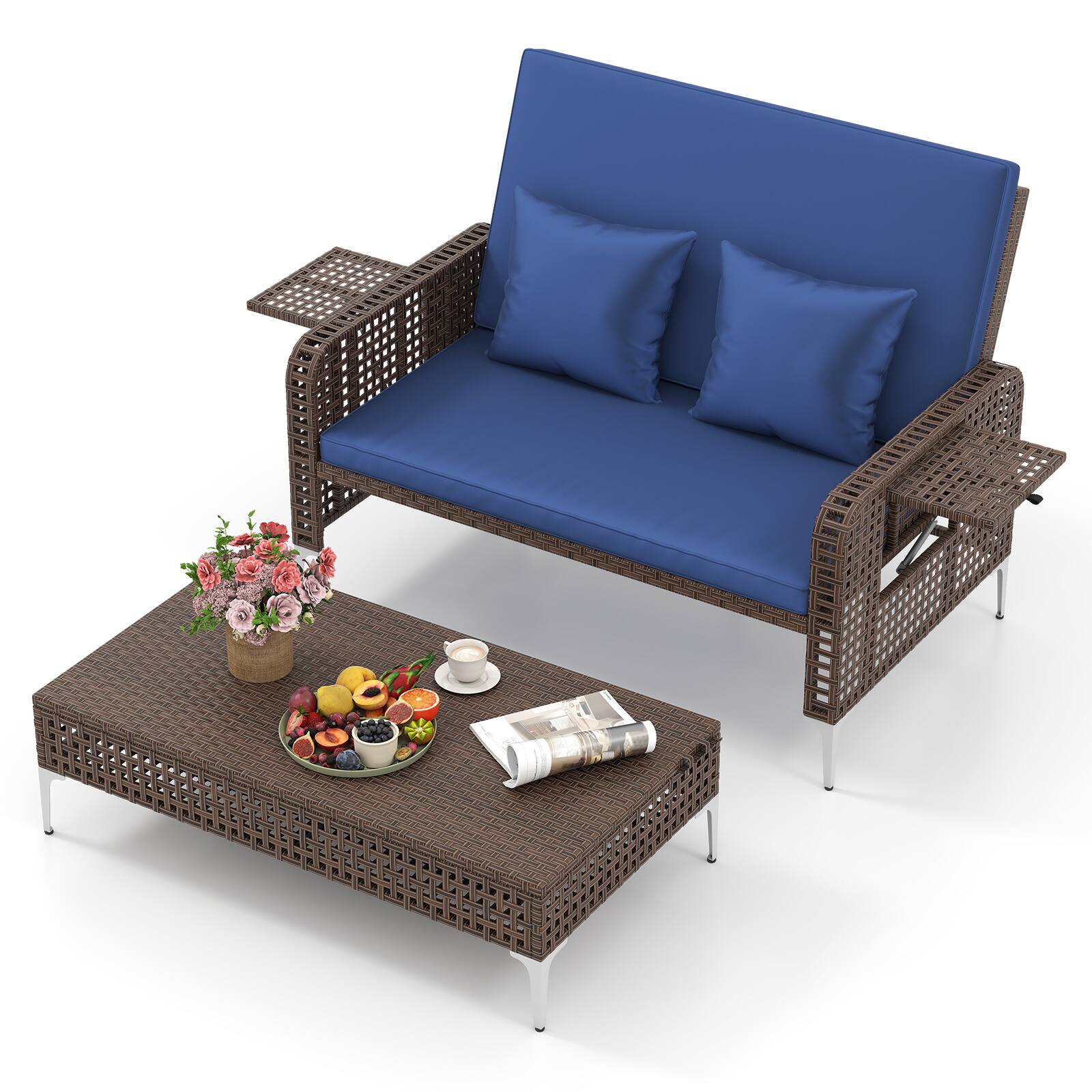 Alt View 8. Gymax - Gymax 2PCS Wicker Loveseat & Storage Ottoman w/ 4-Level Backrest & Soft Cushion Navy - Blue.
