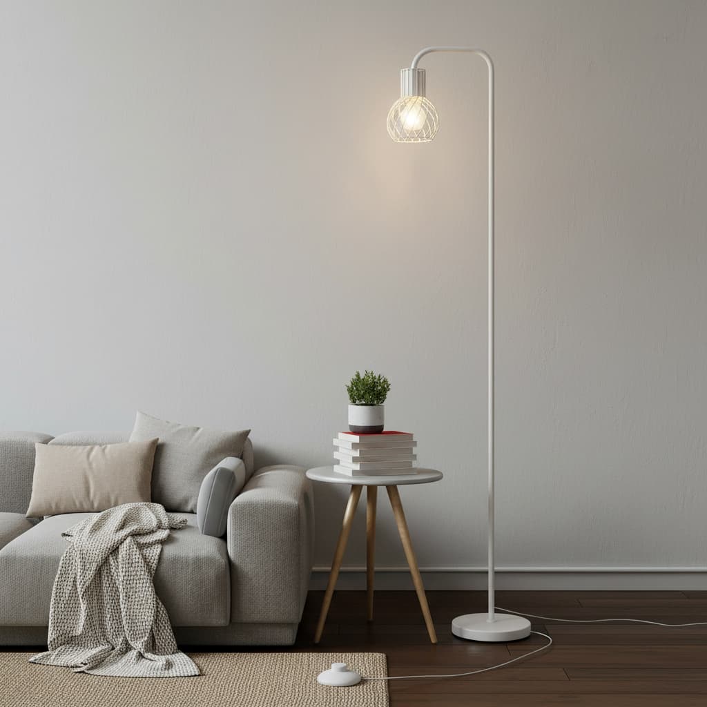 Alt View 4. FINEAK - White Floor Lamp, Minimalist Mid-Century Standing Lamp with 6W LED Bulb & Foot Switch | Tall Metal Vintage Lighting - White.