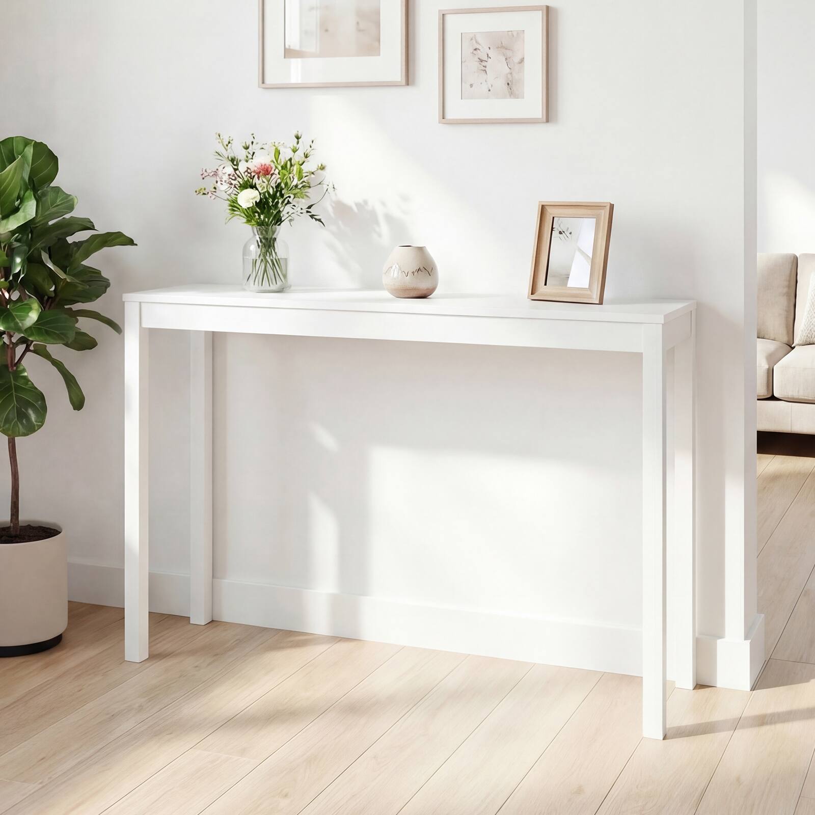 Alt View 3. Gymax - Gymax 48'' Modern Farmhouse Sofa Table w/Thickened Top & Solid Wood Legs for Entryway White - White.